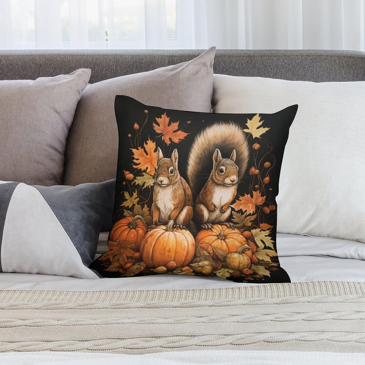 Fundas de almohada de calabaza de ardilla, hojas de arce, cojines decorativos para sala de otoño, Acción de Gracias, calabaza, terciopelo, suave,