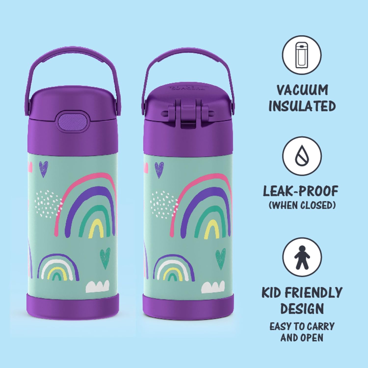 THERMOS FUNTAINER – Botellas de agua de acero inoxidable con aislamiento al vacío para niños, 12 onzas, azul y arcoíris