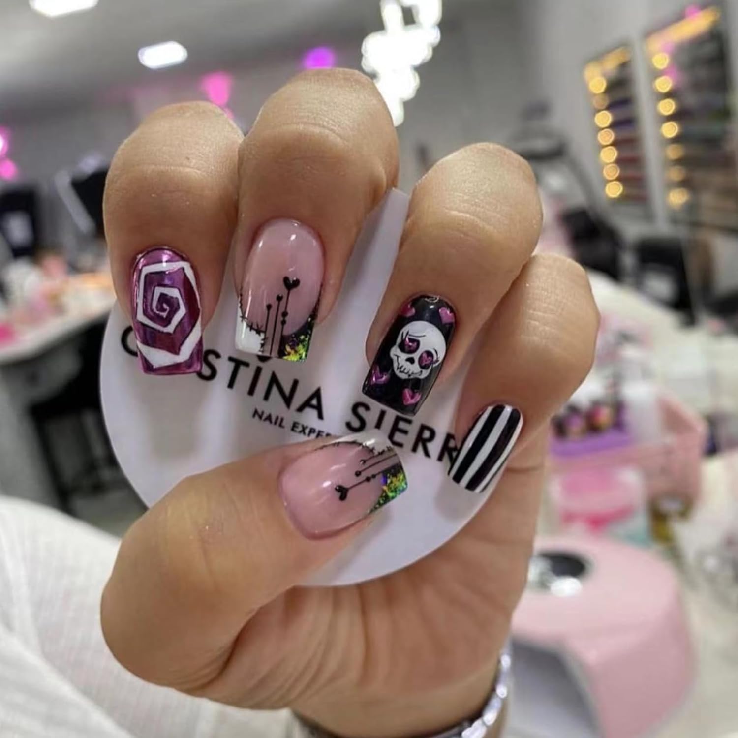 Uñas postizas a presión para Halloween, uñas postizas cuadradas cortas con punta francesa, color rosa, cobertura completa, calavera de azúcar,