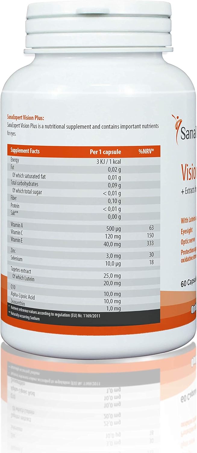 SanaExpert Vision Plus, Suplemento para el nervio óptico, la visión y la salud ocular, con caléndula, luteína, zeaxantina, coenzima Q10, vitaminas A
