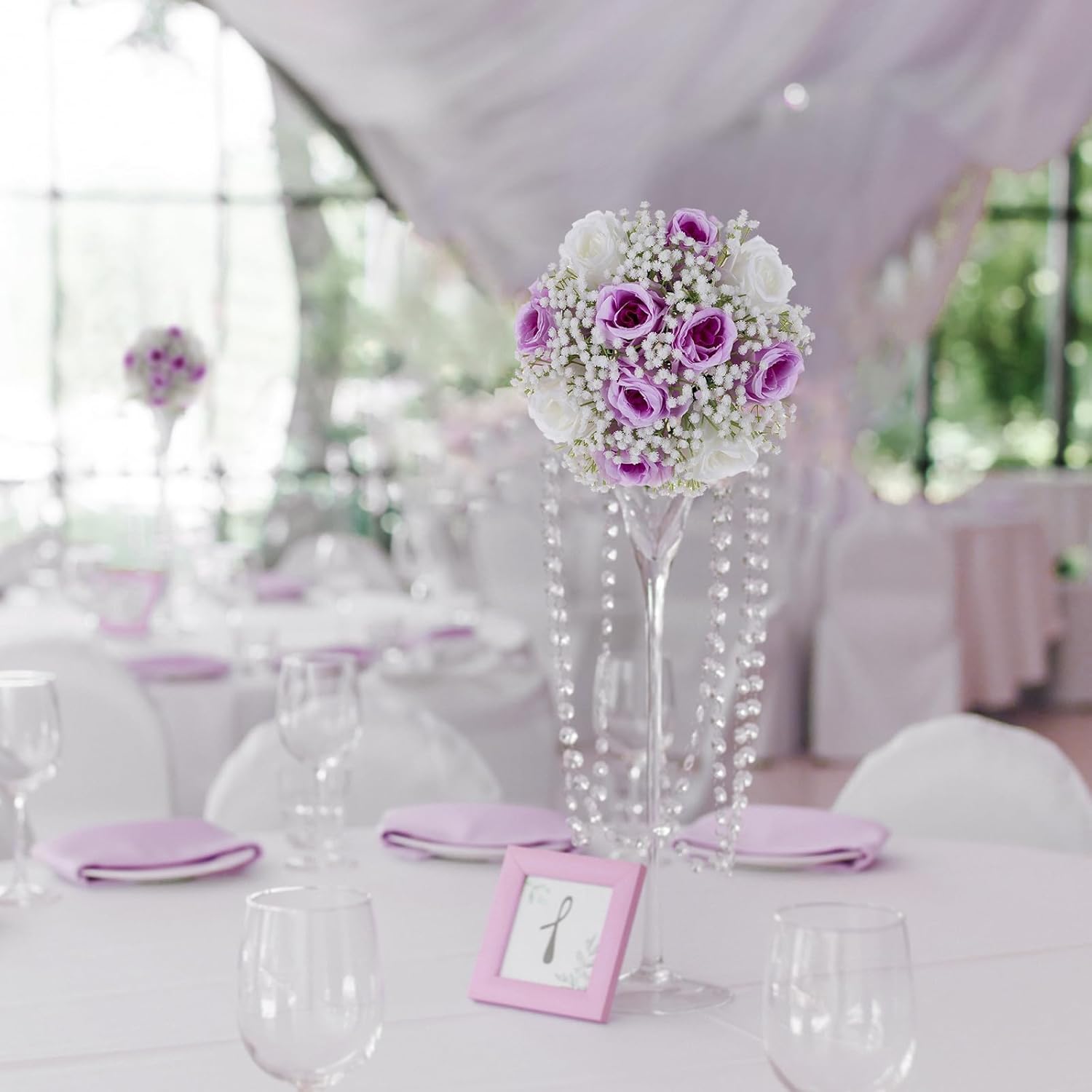 BLOSMON Bolas de flores falsas, centros de mesa de boda, 2 piezas de rosas lilas, aliento de bebé, flores artificiales, piezas centrales de