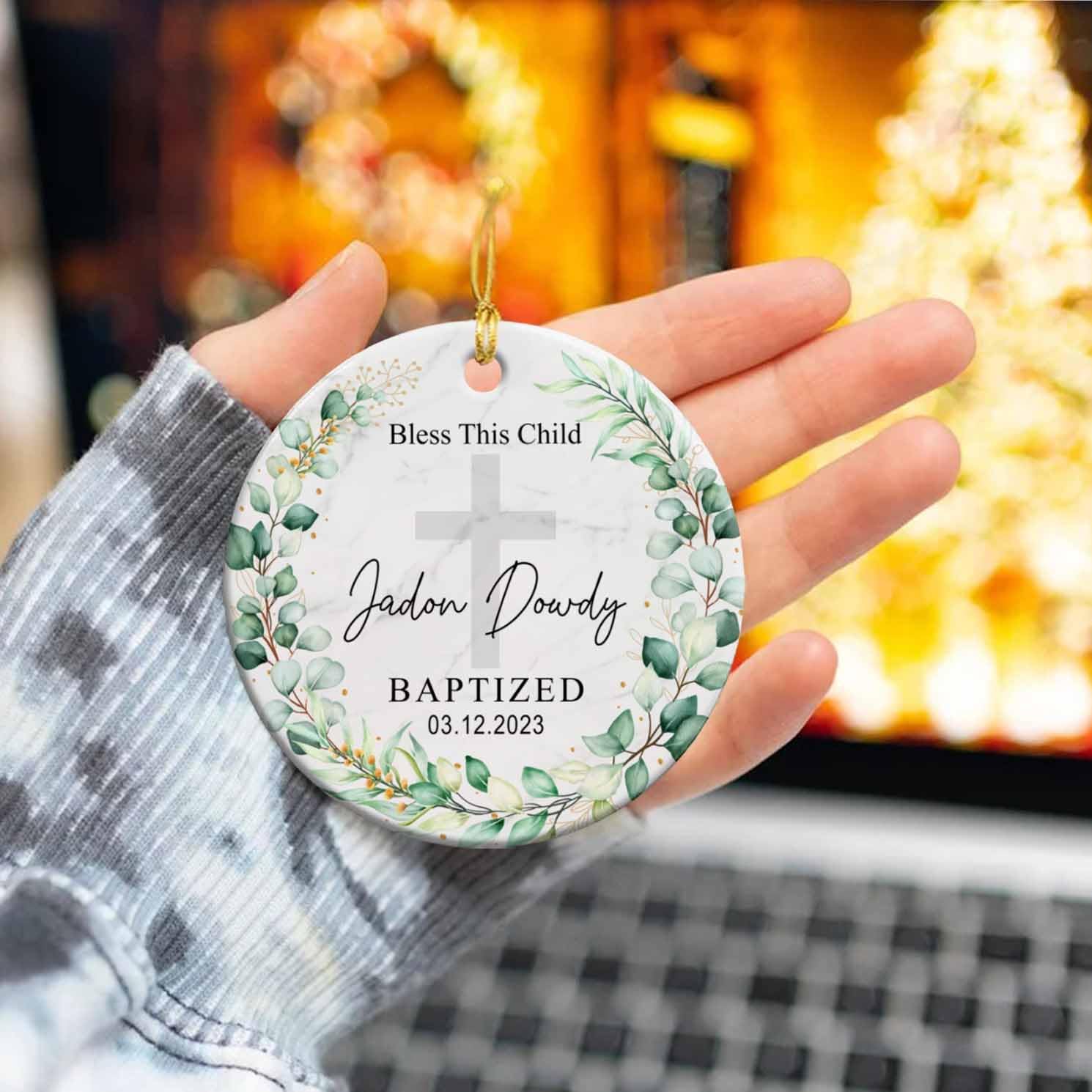Bless This Child Baptized Christmas – Adorno de cerámica personalizado para el bautismo de Dios bendiga el bautismo, adorno floral personalizado,