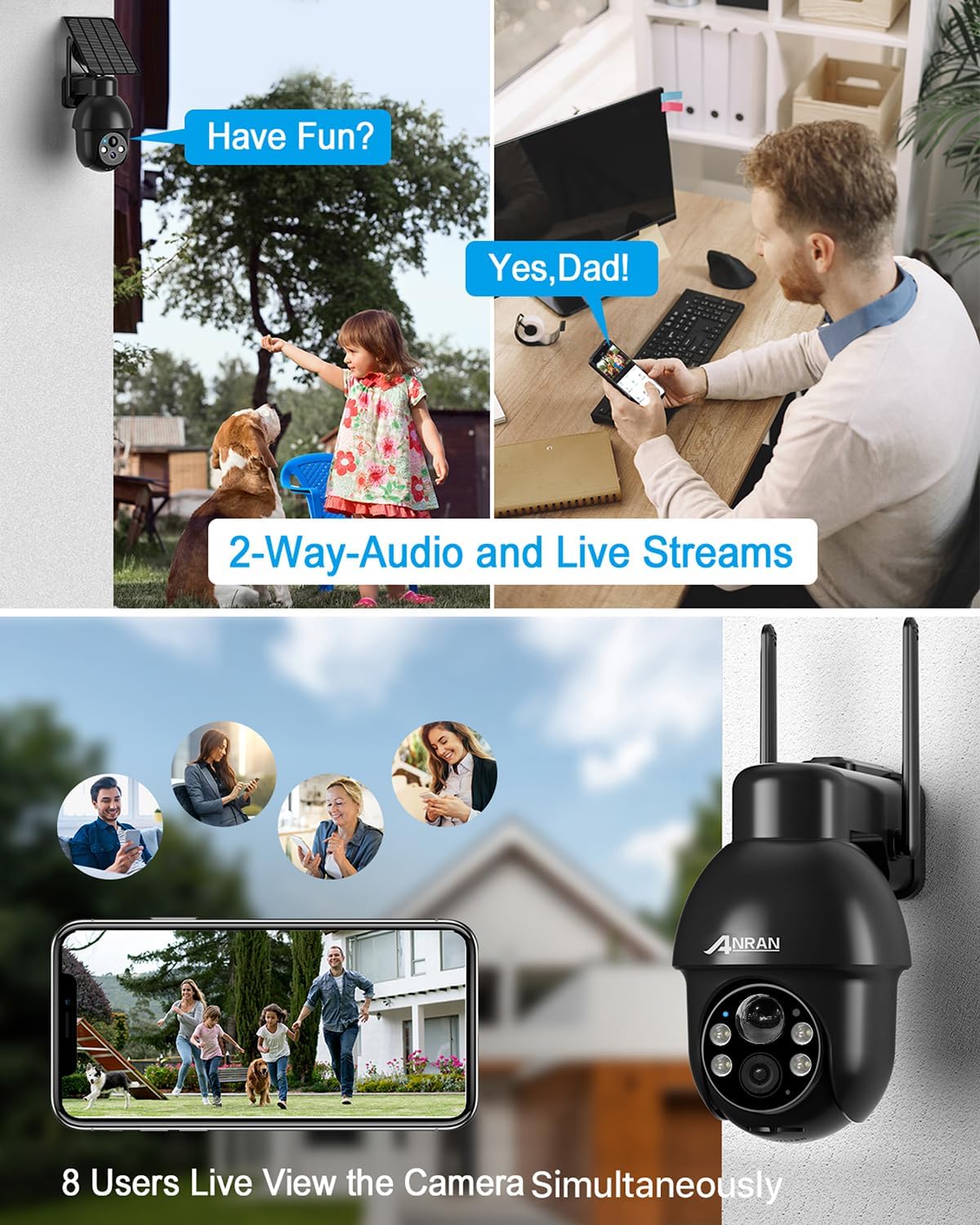 ANRAN Cámaras de seguridad inalámbricas para exteriores, cámara WiFi de seguridad solar de 2 K con PTZ de 360, visión nocturna, IP65 impermeable,