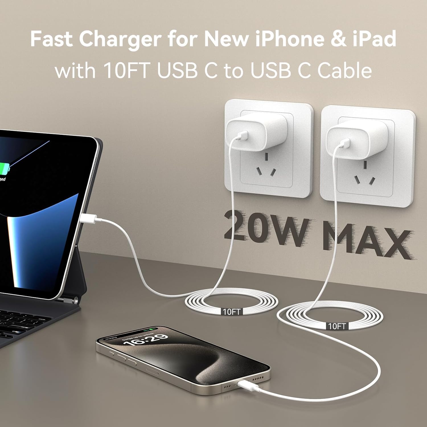 Cargador para iPhone 15 de carga rápida, cargador de iPad de 10 pies de largo USB C a C cable de carga con bloque de carga rápida de iPhone de 20 W