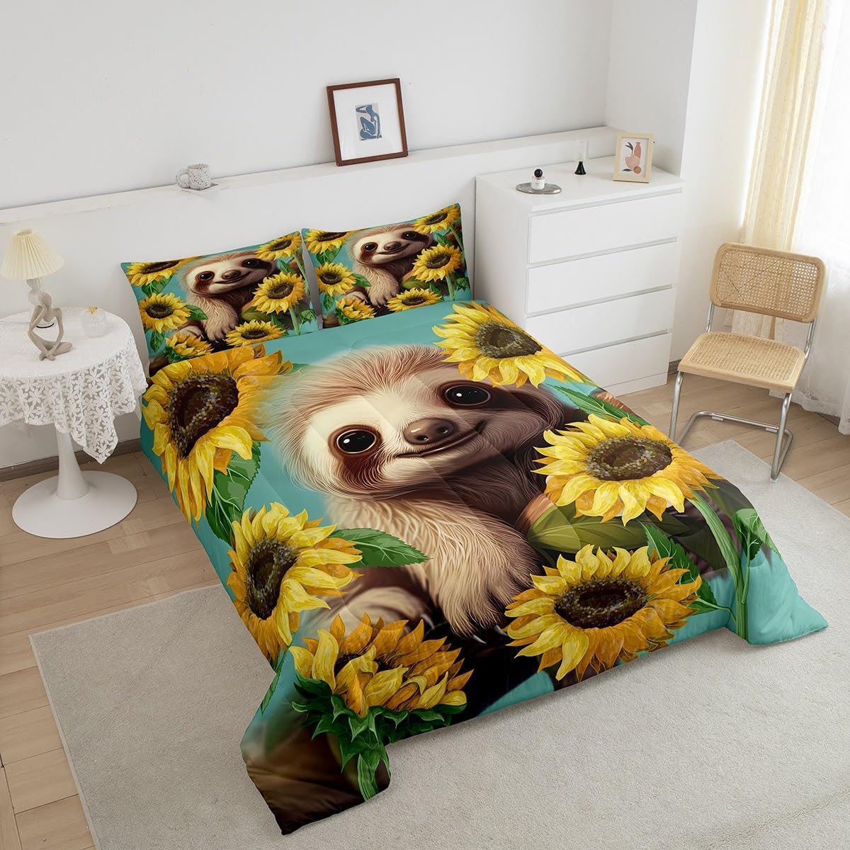 Lindo juego de edredón de perezoso, tamaño Queen, juego de ropa de cama con flores amarillas y girasoles para niñas, adolescentes, decoración de