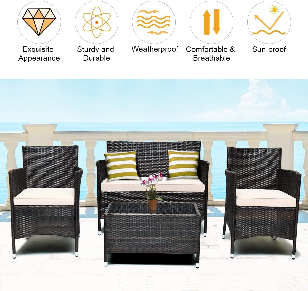 Juego de sofá de patio de 4 piezas, juego de conversación de mimbre con respaldo curvado ergonómico, juego de muebles de ratán para patio con cojín