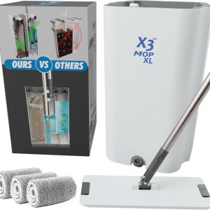 Trapeador X3 XL, separa el agua sucia y limpia, diseño de 3 cámaras, juego de trapeador plano y cubo, limpieza del piso del hogar manos libres, 3 Trapeador X3 XL, separa el agua sucia y limpia, diseño de 3 cámaras, juego de trapeador plano y cubo, limpieza del piso del hogar manos libres, 3
