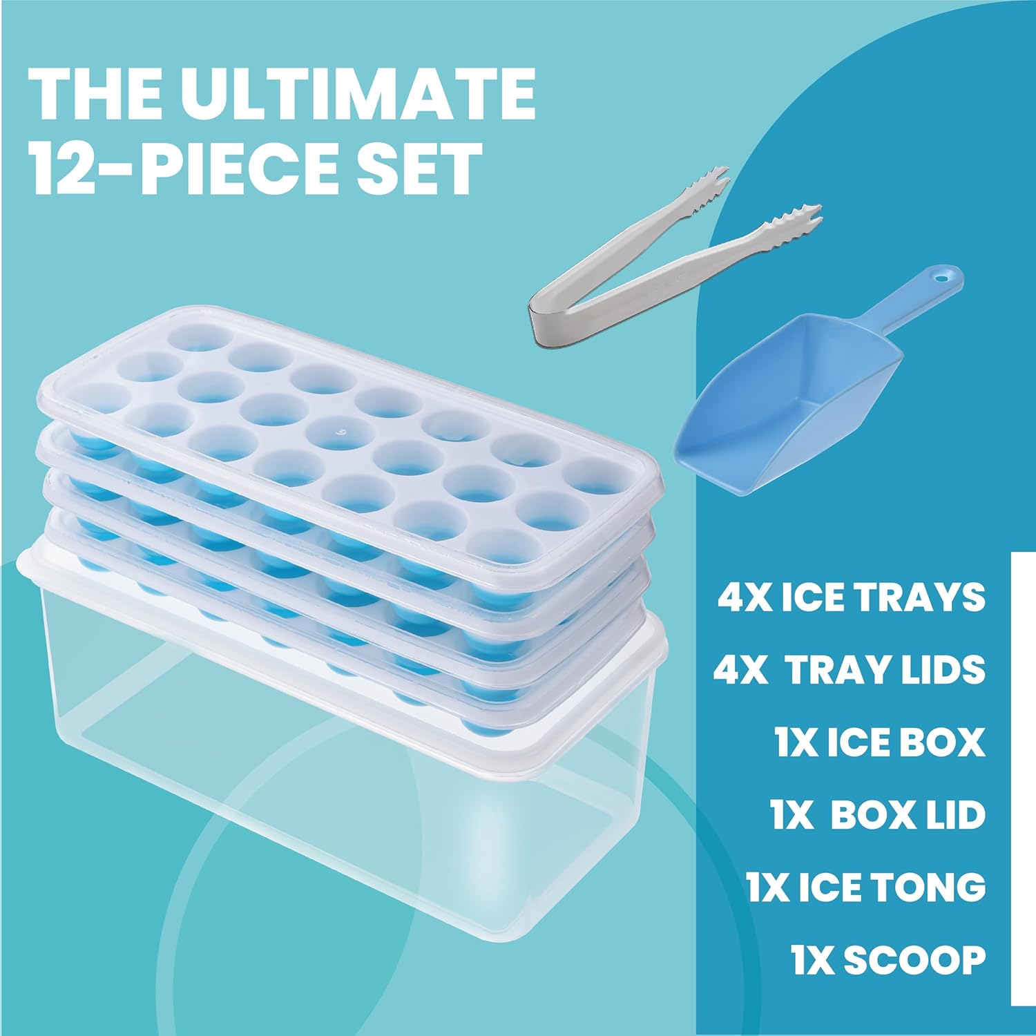 Yoove Bandeja para cubitos de hielo con tapa y contenedor, paquete de 4 bandejas de silicona y plástico para cubitos de hielo para congelador, con
