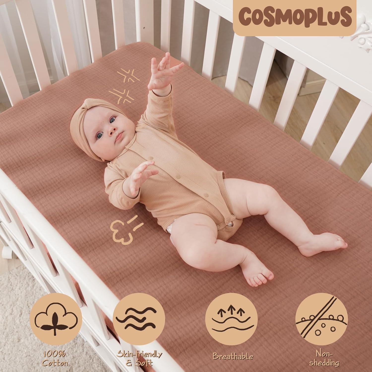 COSMOPLUS -Sábanas de muselina para cuna para niñas, niños, neutros, paquete de 2 sábanas bohemias para cuna, sábana bajera ajustable para colchón