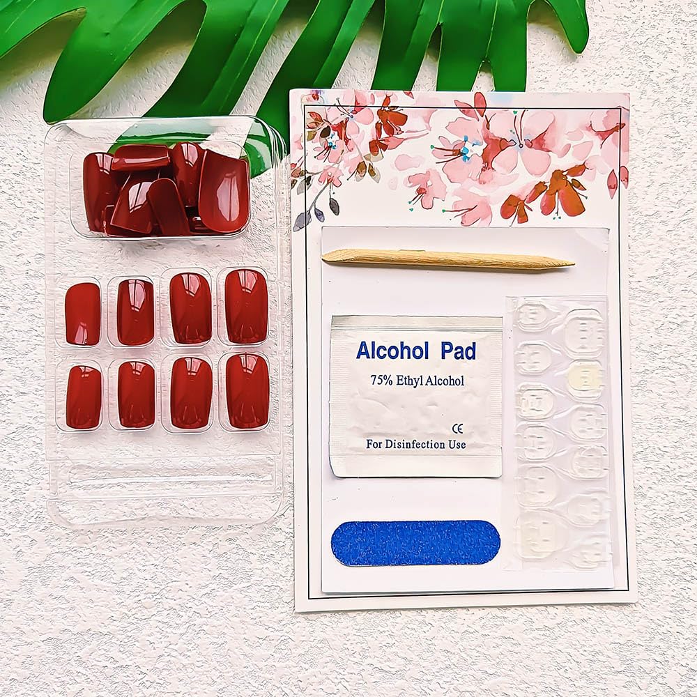 Uñas postizas medianas a presión, uñas postizas rojas con ataúd con uñas acrílicas de color rojo vino brillante, cobertura completa, uñas postizas
