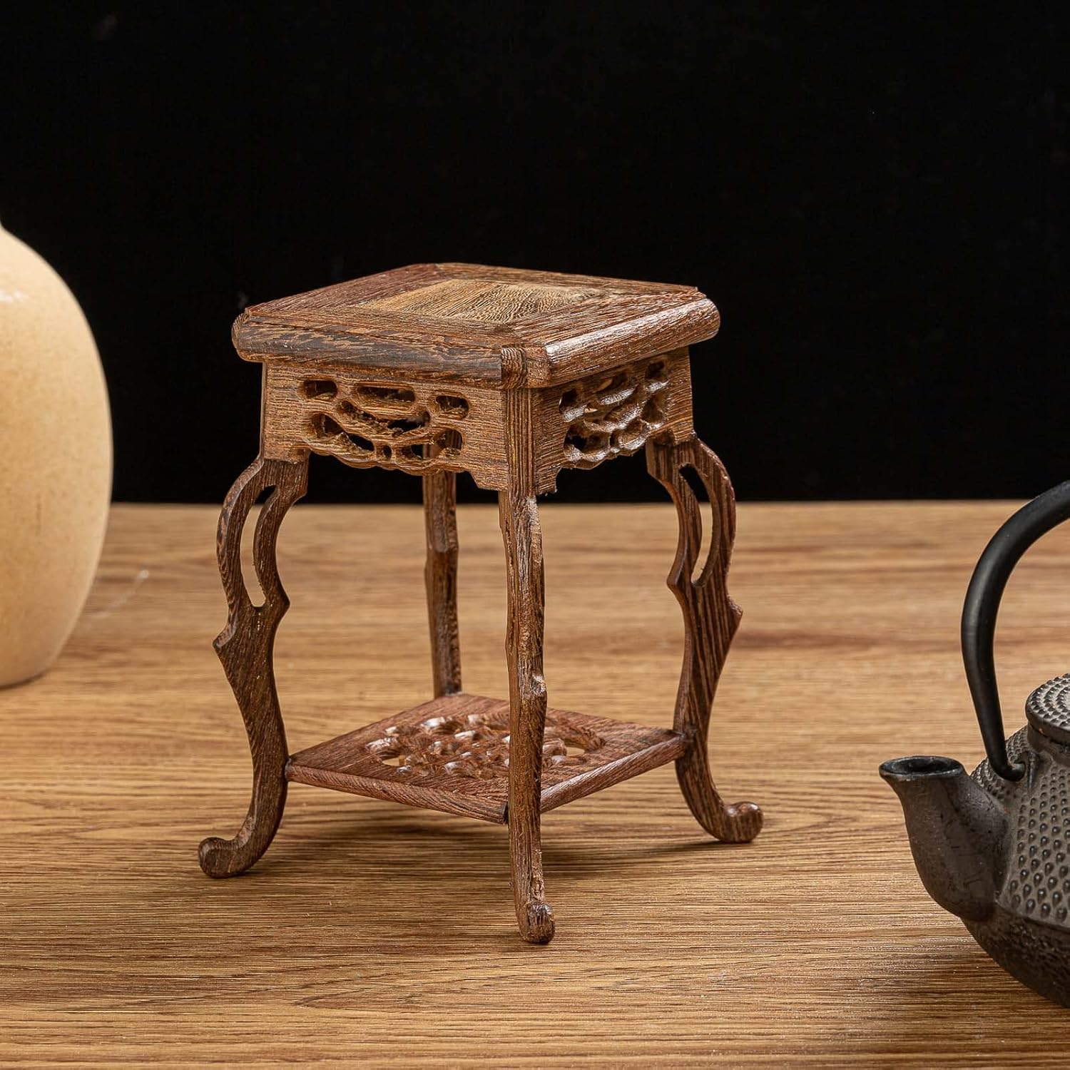 THY COLLECTIBLES Hermoso soporte de jarrón oriental de palisandro artesanal para jarrones y plantas pequeños (5 pulgadas de largo x 5 pulgadas de