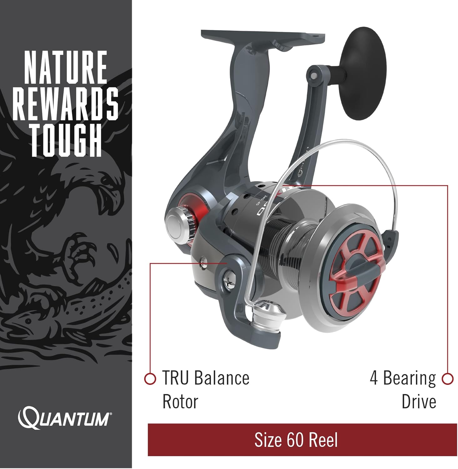 Quantum Optix – Carrete de pesca giratorio, 4 rodamientos (3 + embrague), antirretroceso con engranajes suaves y alineados con precisión, embalaje