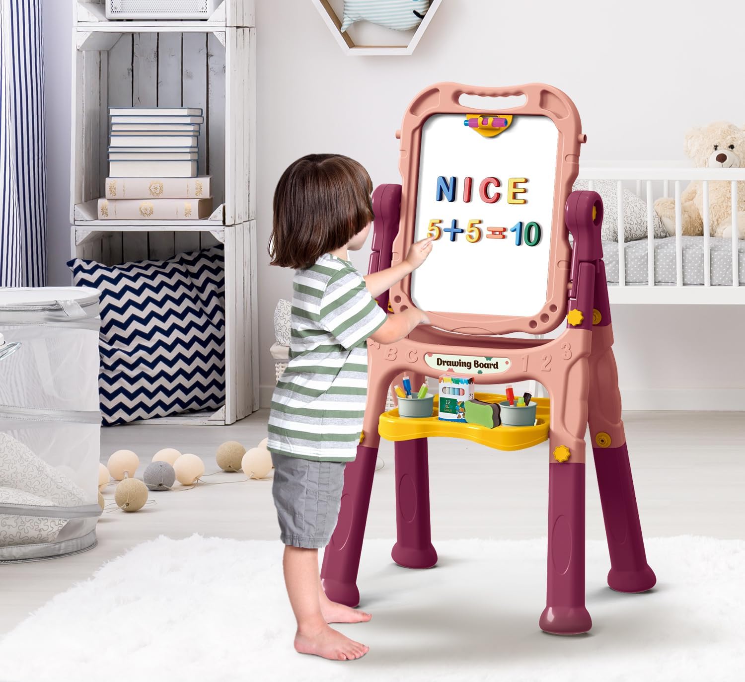Caballete de arte para niños con tablero de dibujo magnético, caballete de doble cara con letras y números magnéticos, caballete de pie ajustable