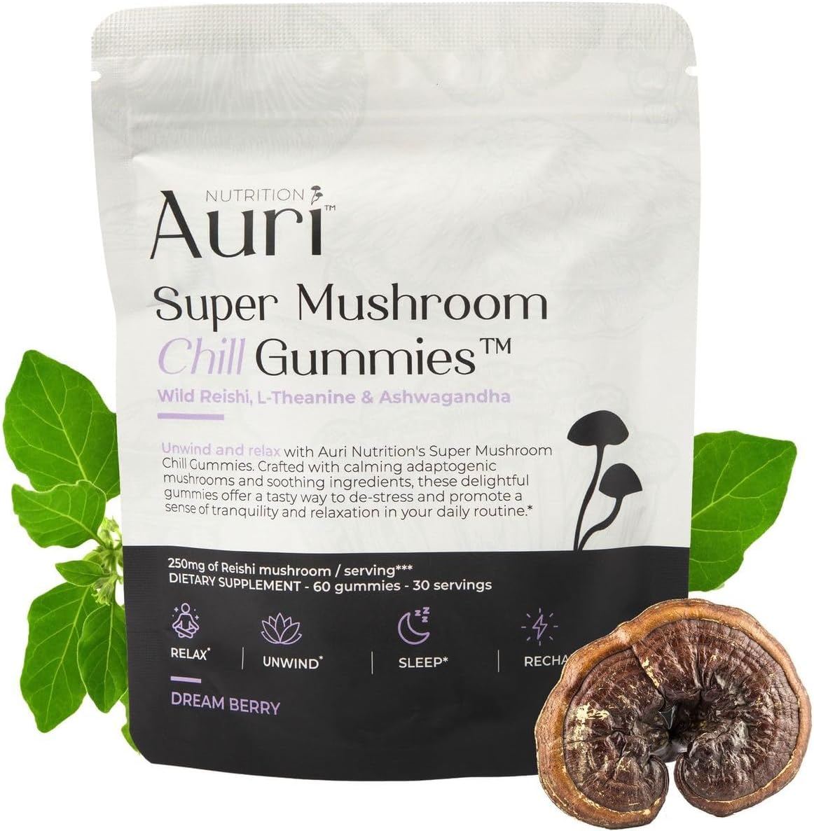 Auri Gomitas Super Mushroom Chill  Ayuda calmante natural y suplemento de reducción del estrés para adultos con hongo Reishi, Ashwagandha, L-teanina