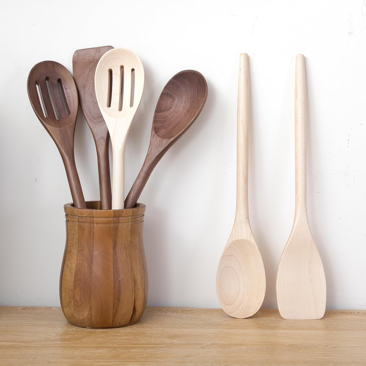 LOCDION Cucharas de madera de primera calidad para cocinar, utensilios de cocina de madera de arce para servir, agitar, mezclar, voltear, cucharas