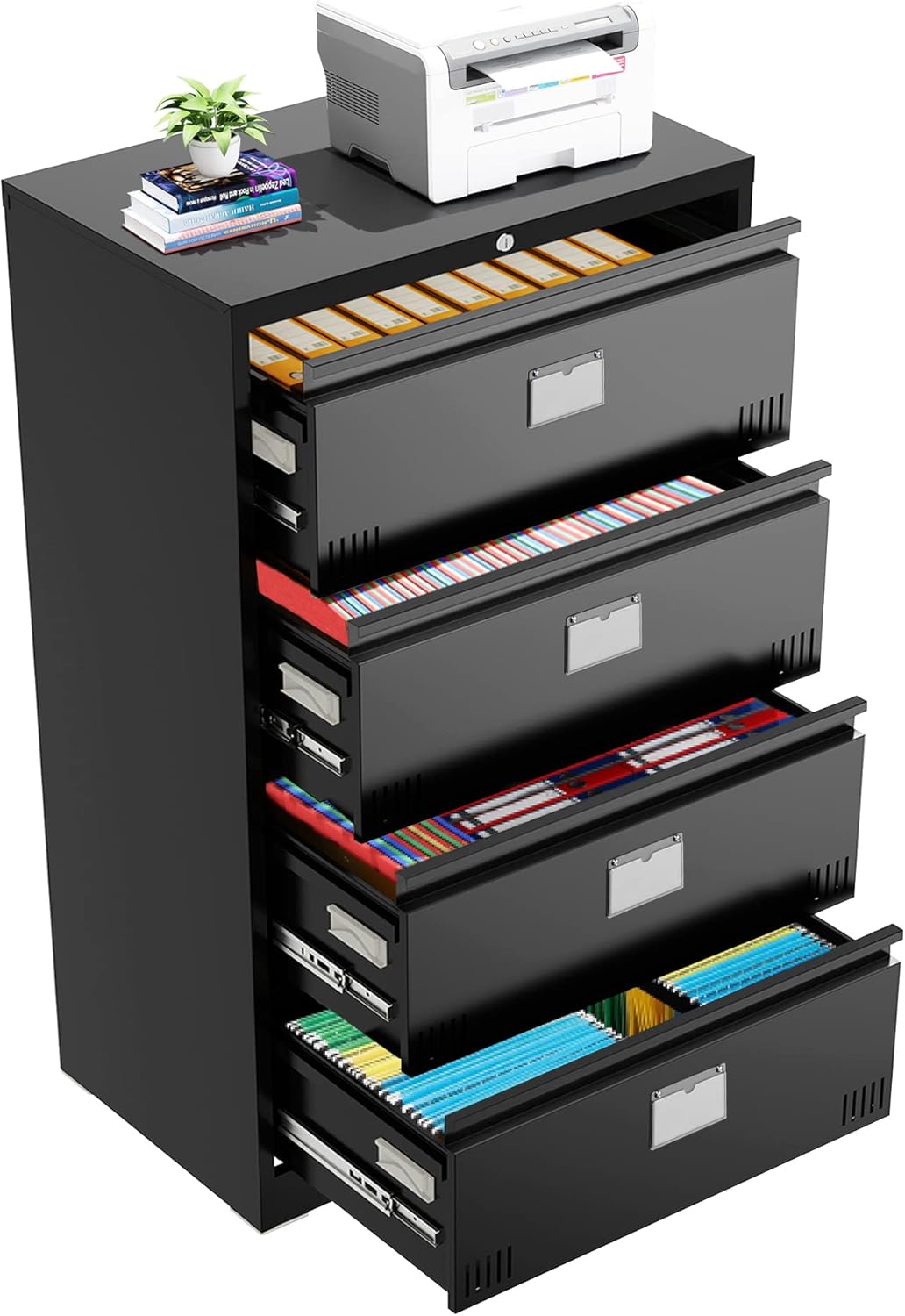 Petonline Archivador lateral de metal para oficina en casa, archivador lateral de 4 cajones con cerradura, archivador horizontal de metal con ranura