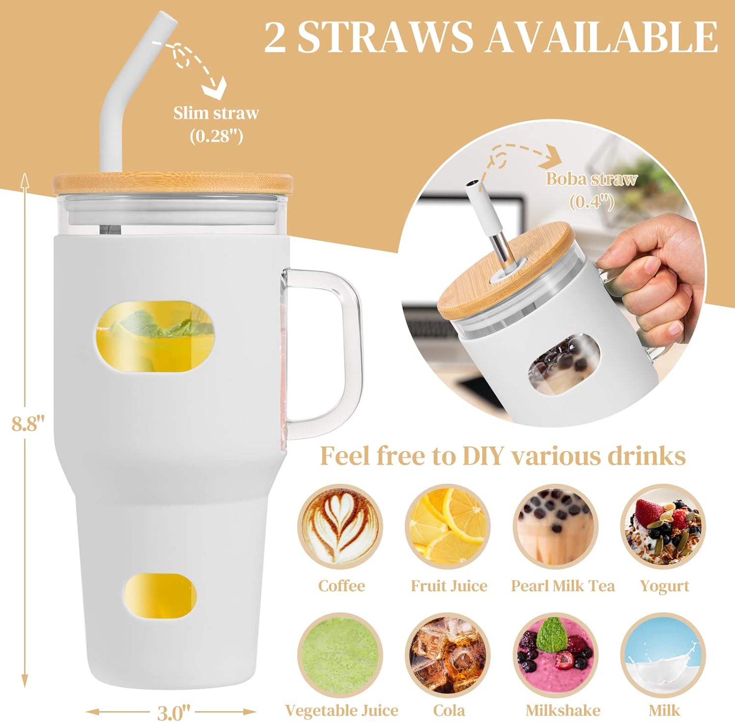 Vaso de vidrio de 32 onzas con popote y tapa, botella de agua de vidrio con asa, vaso de café helado con funda de silicona, regalos de Navidad para