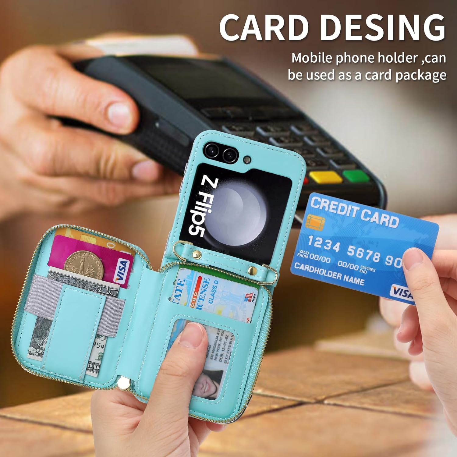 Para Samsung Galaxy Z Flip 5 Lujosa funda de cuero con cremallera ofrece 6 ranuras para tarjetas, con correa para la muñeca y correa de hombro