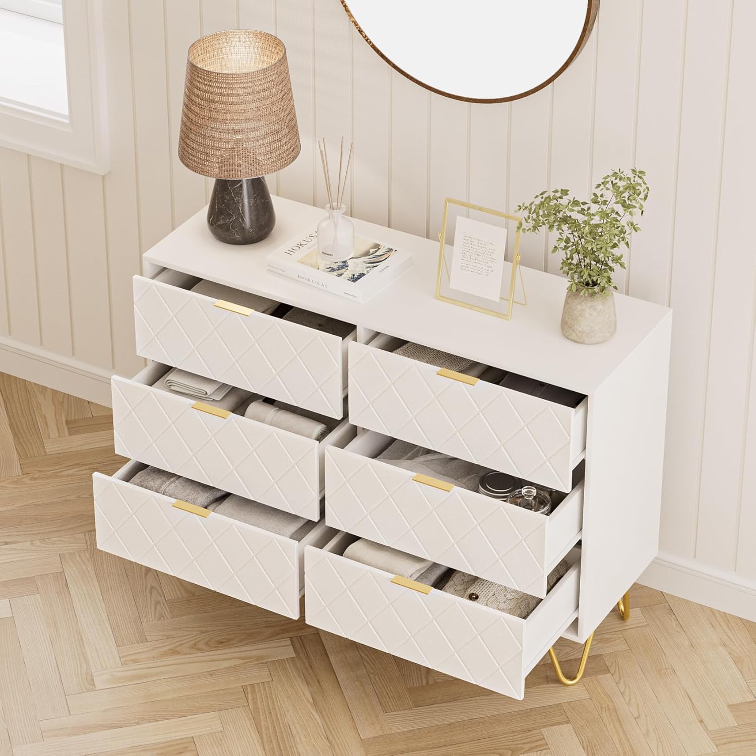 Masupu Cómoda de 6 cajones, moderna cajonera, cómoda de almacenamiento ancha con patas de metal, cómoda para dormitorio, sala de estar, armario,