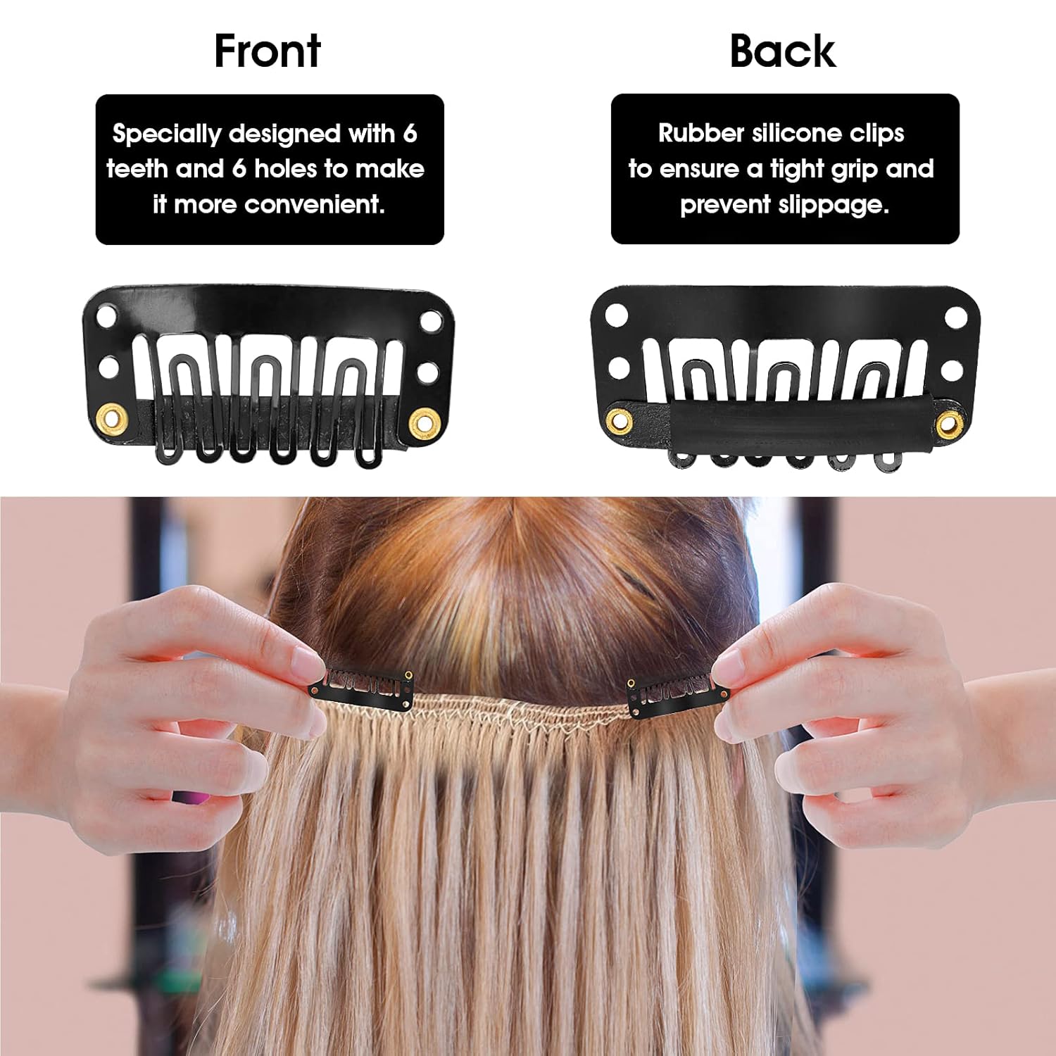Yolev 50 pinzas para pelucas, pinzas de extensión de cabello, 6 dientes en forma de U, clips de extensión de cabello de silicona metálica para mujer
