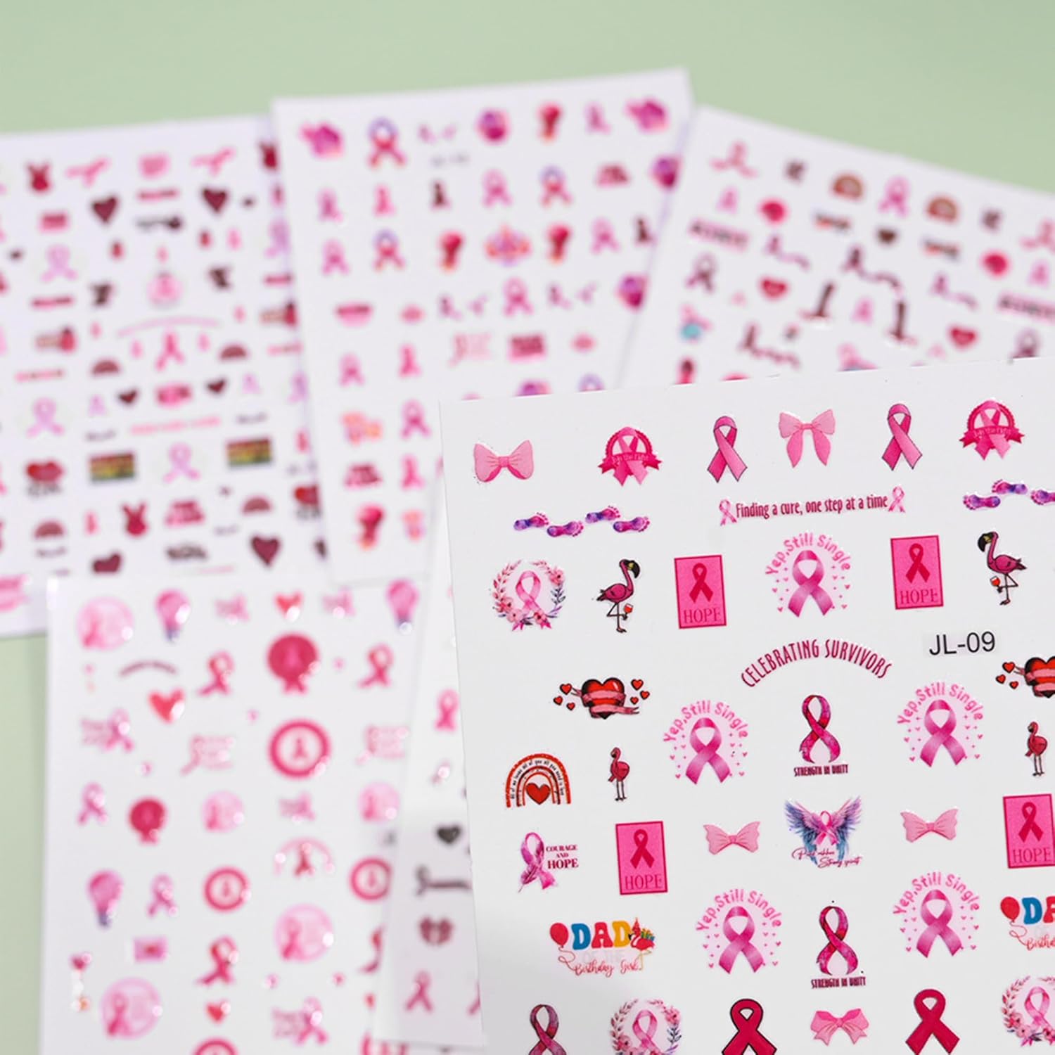 Calcomanías para arte de uñas con conciencia sobre el cáncer de mama, 6 hojas de calcomanías autoadhesivas 3D, calcomanías de uñas de cinta rosa con