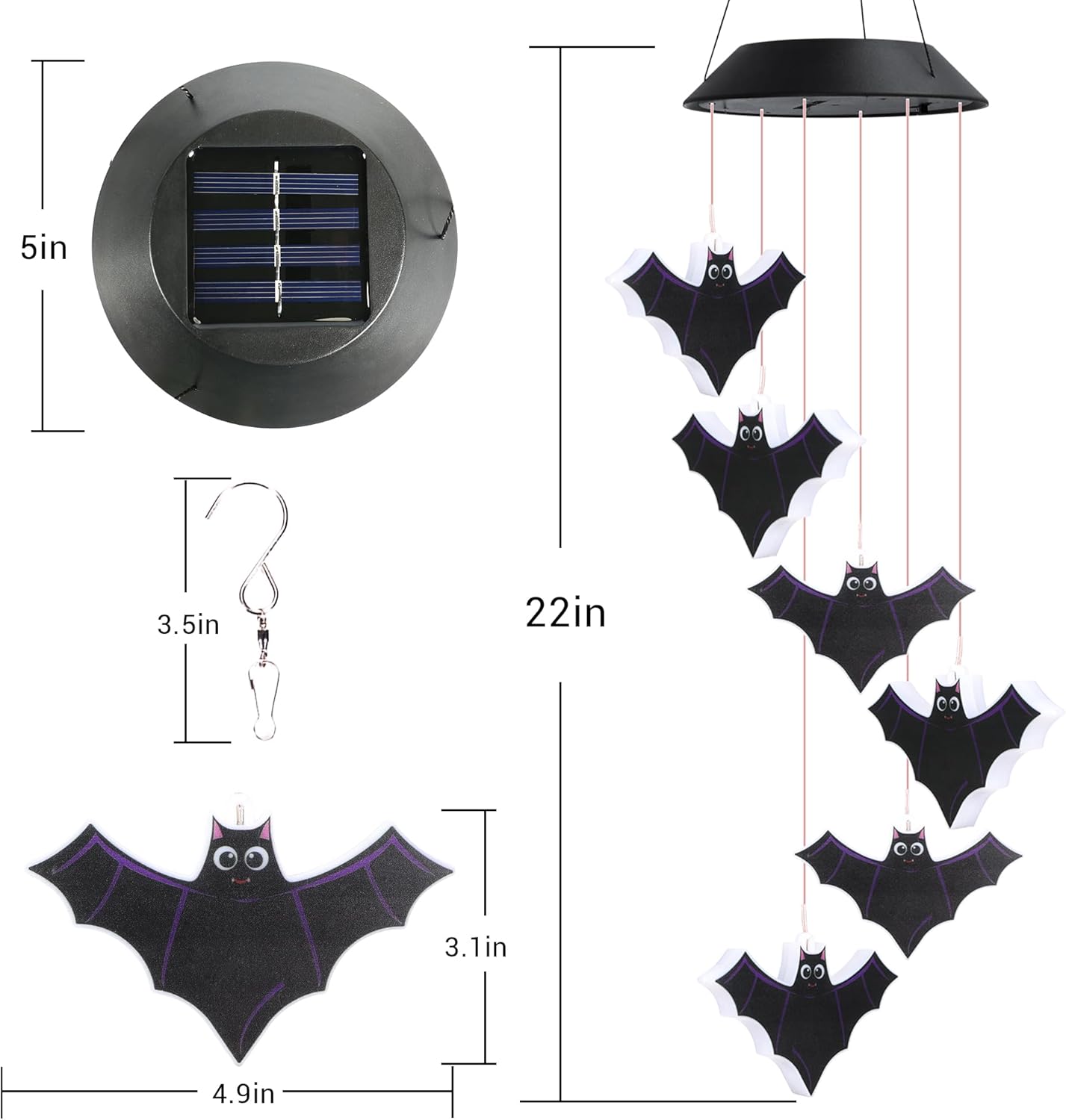Luces decorativas de Halloween, luces de murciélago verdes aterradoras para exteriores, luces solares colgantes de Halloween, campanillas de viento