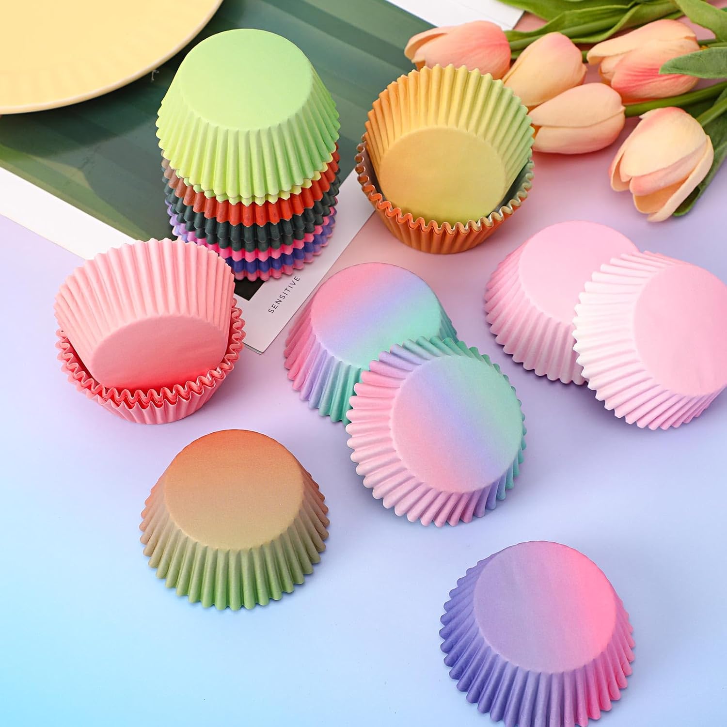 SANNIX 450 forros coloridos estándar para cupcakes, diseño degradado, para hornear, envoltorios de papel para magdalenas, para fiestas de