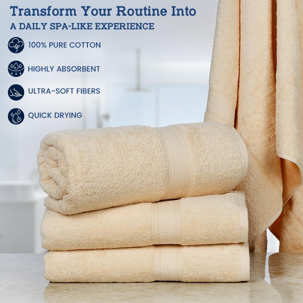Paquete de 4 toallas de baño (27 x 54), 100% algodón puro, toallas de baño de lujo, ligeras y altamente absorbentes, toallas de secado rápido para