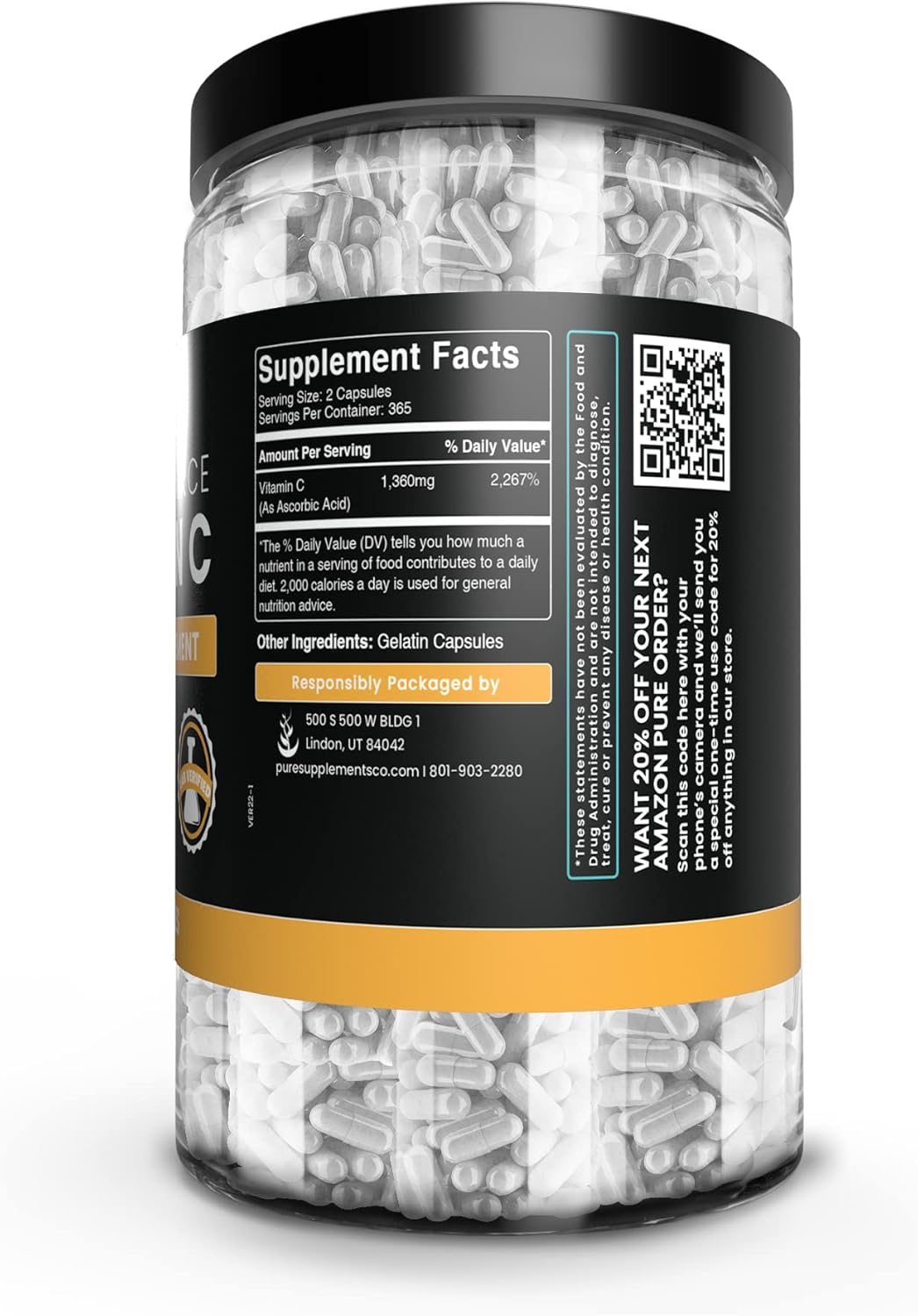 Pure Original Ingredients Vitamina C (730 cápsulas) sin magnesio o rellenos de arroz, siempre puro, verificado por laboratorio