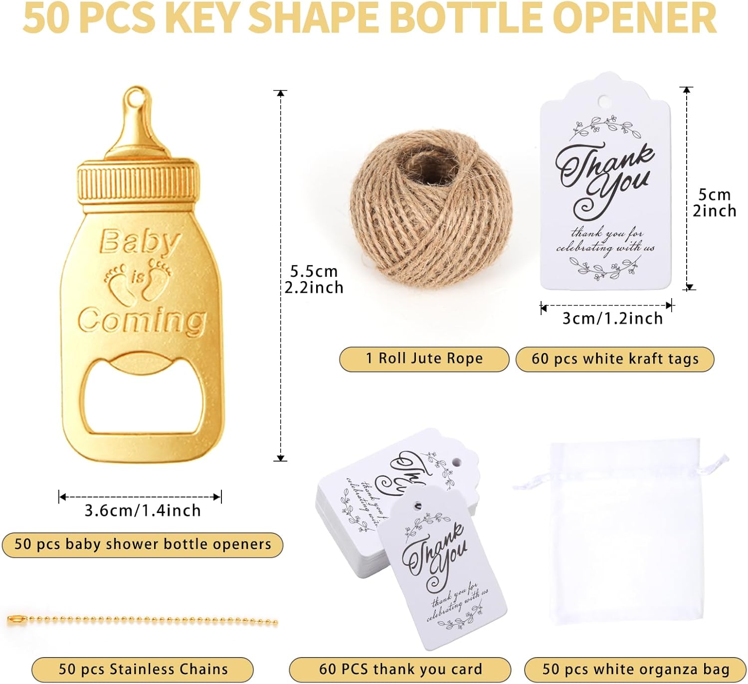 50 unidades de abrebotellas de bebé, recuerdos de baby shower para invitados, recuerdos de baby shower para invitados, bolsa de organza con