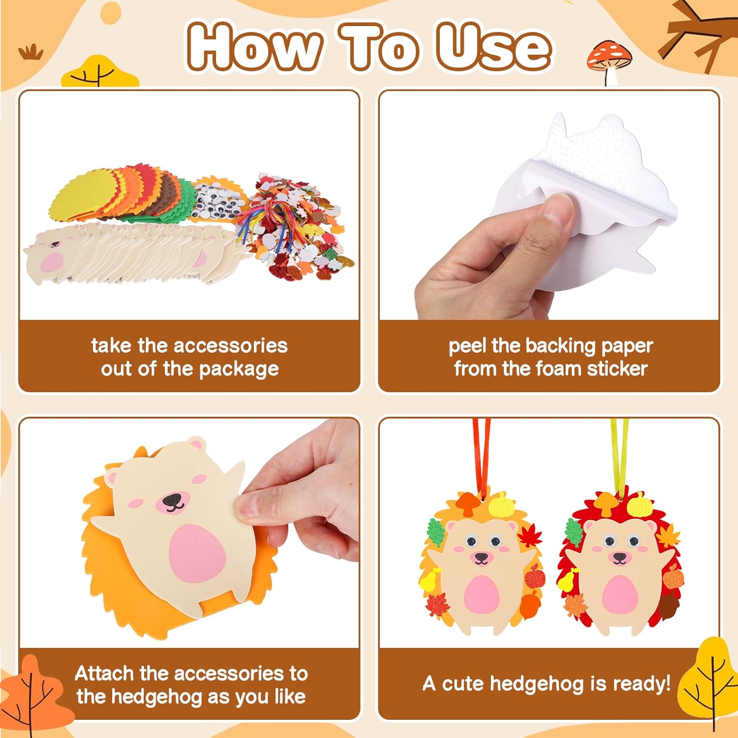 Paquete de 24 kits de manualidades de erizo para niños, calcomanías de espuma de erizo, bricolaje, arte y manualidades de otoño para niños y niñas,