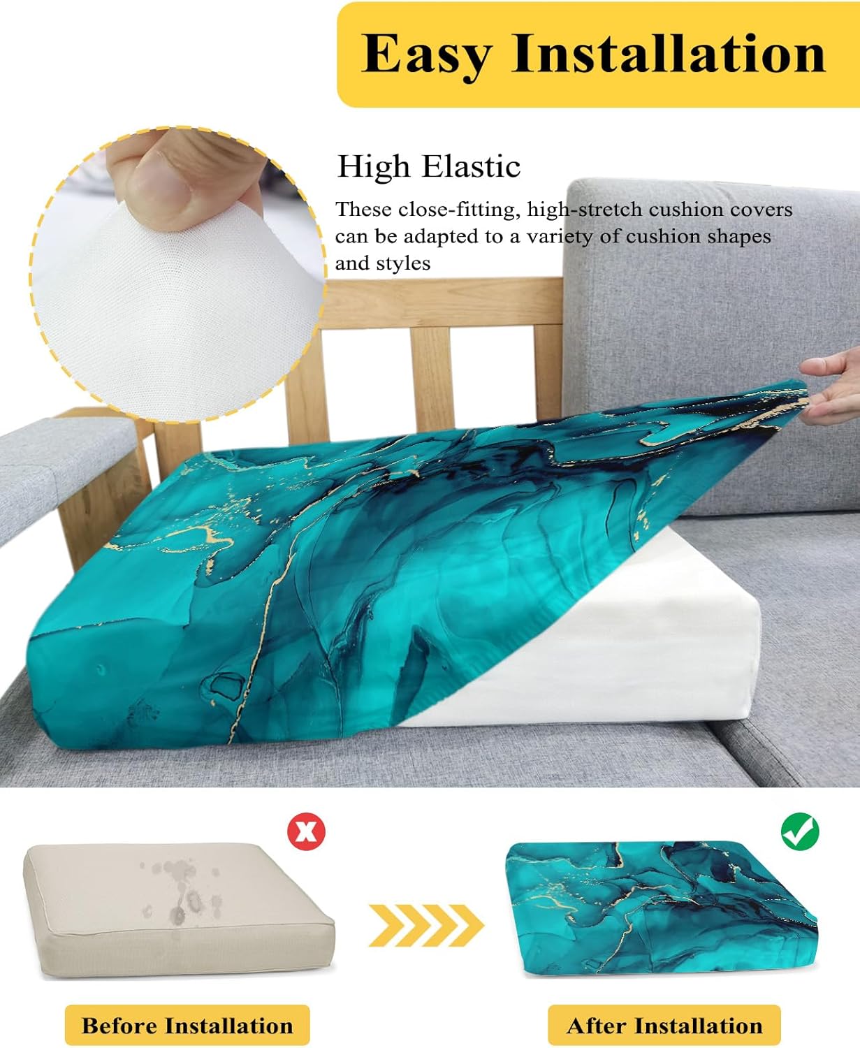 Fundas de cojín para sofá, diseño de línea dorada con mármol, color aguamarina y azul aguamarina, con degradado, fundas elásticas para sofá, fundas