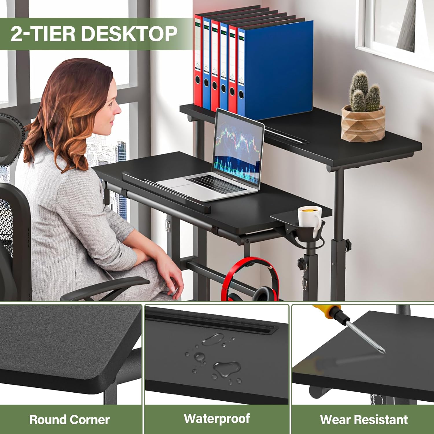 Escritorio móvil de pie, escritorio de altura ajustable con soporte para tazas, escritorio de pie sobre ruedas, escritorio rodante para oficina en