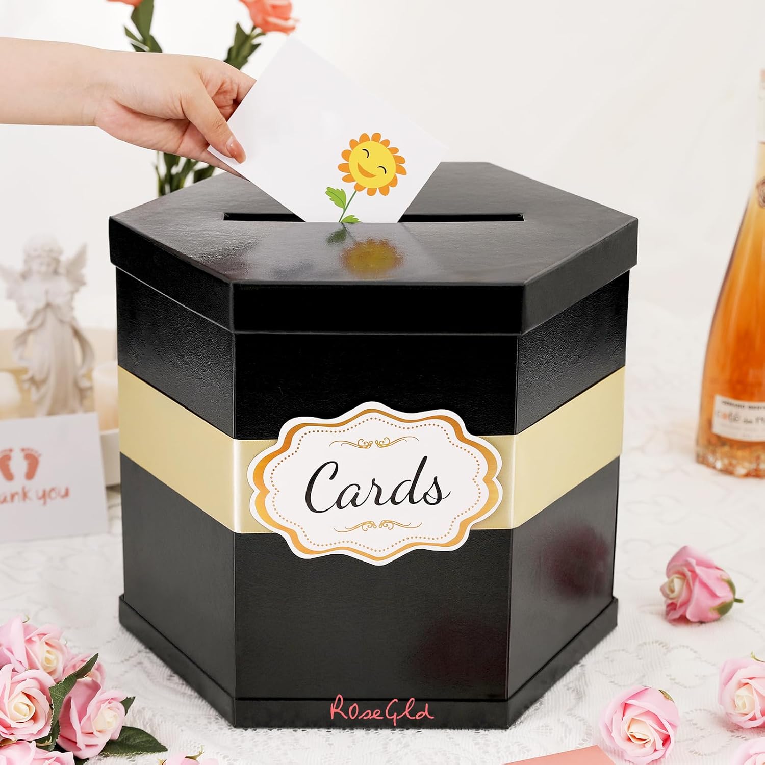 ROSEGLD Caja de tarjetas, caja de recepción de tarjetas con cinta de 14 x 12 x 12 pulgadas, elegante soporte para tarjetas para bodas, graduaciones,