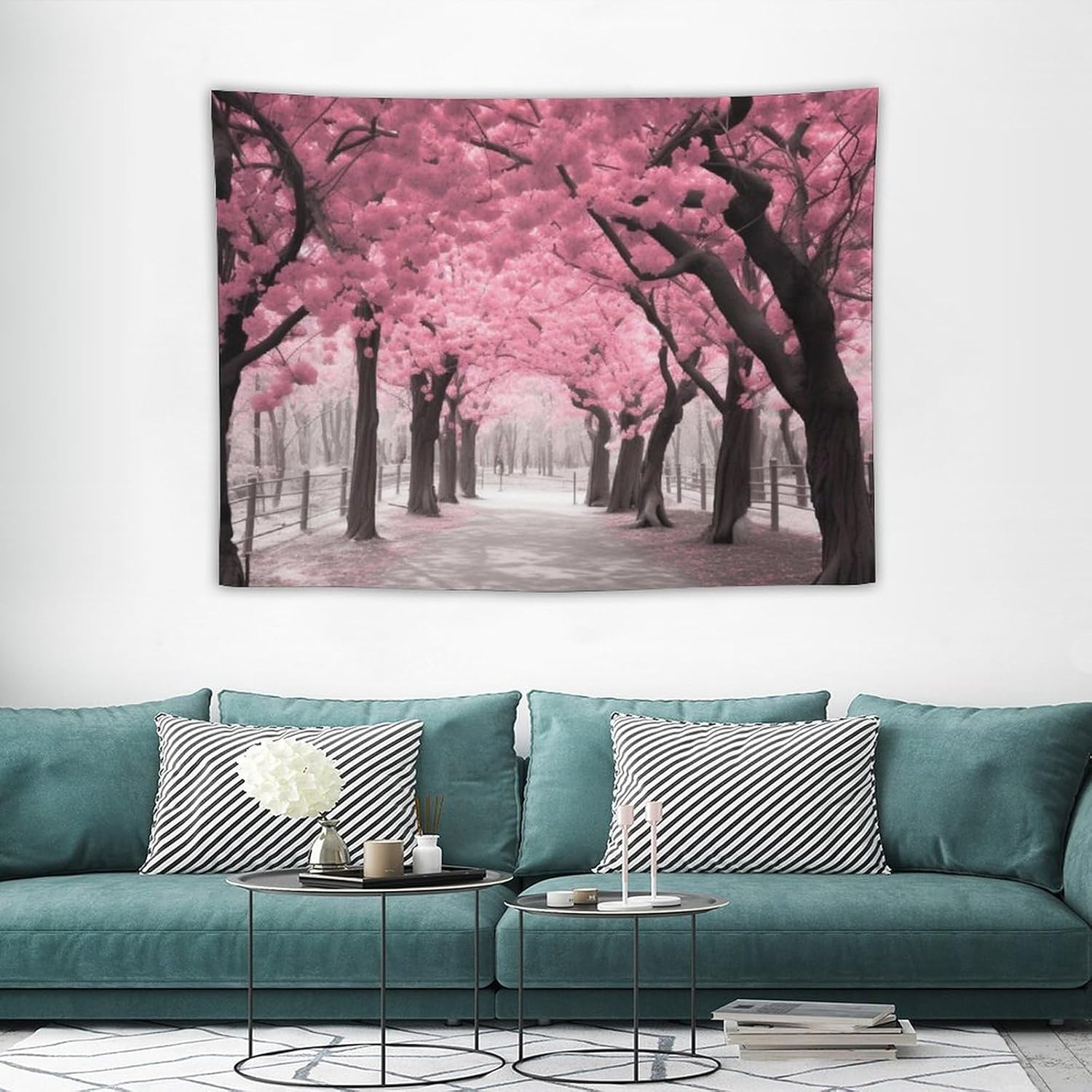 BAHELS Tapiz de bosque floral rosa para decoración del hogar, flores de cerezo de primavera, tapiz de paisaje de flores francesas, tapiz para colgar
