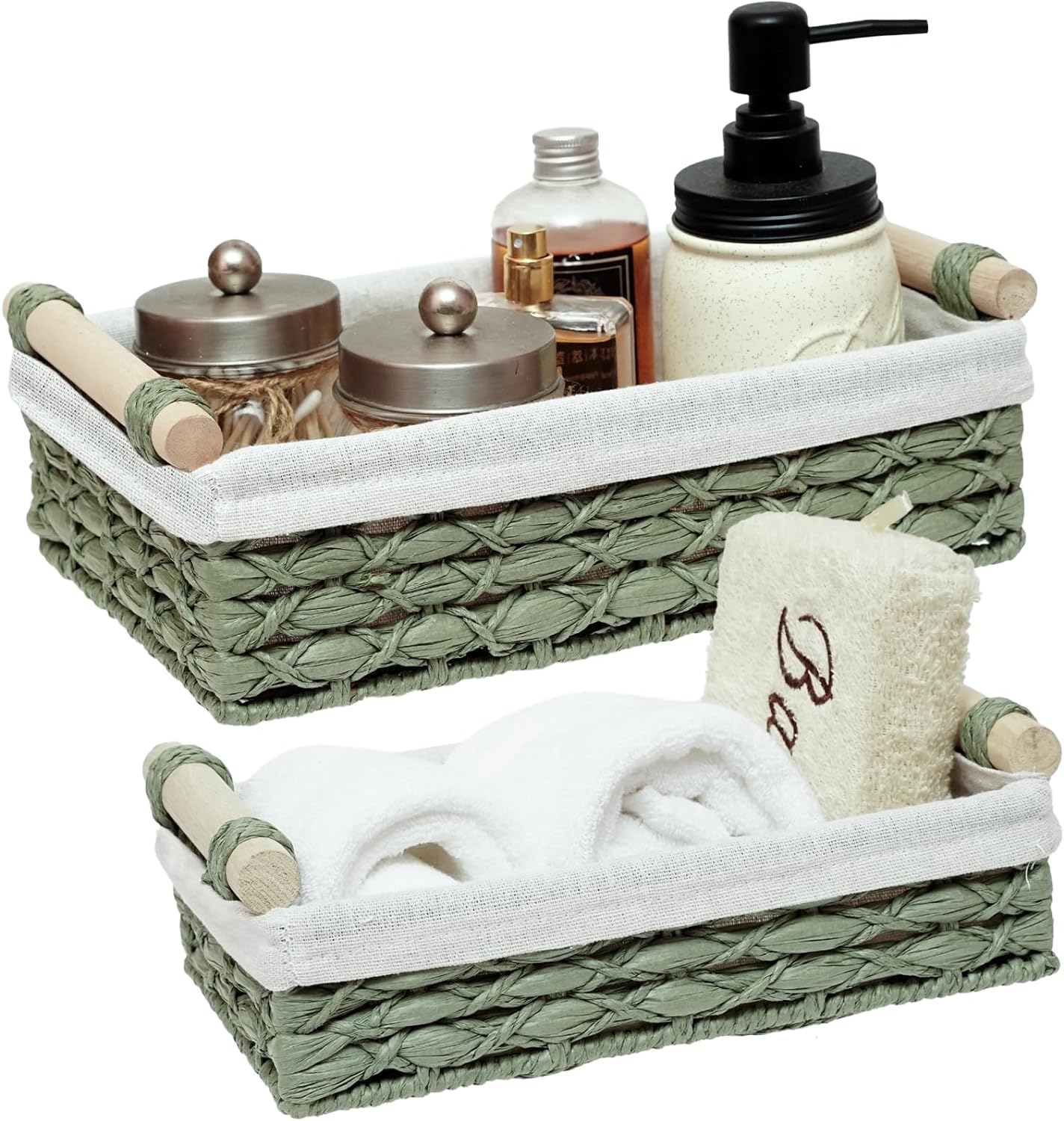 Cesta de almacenamiento de mimbre para organizar con asa, cubos de almacenamiento decorativos para encimera, cesta de almacenamiento de papel
