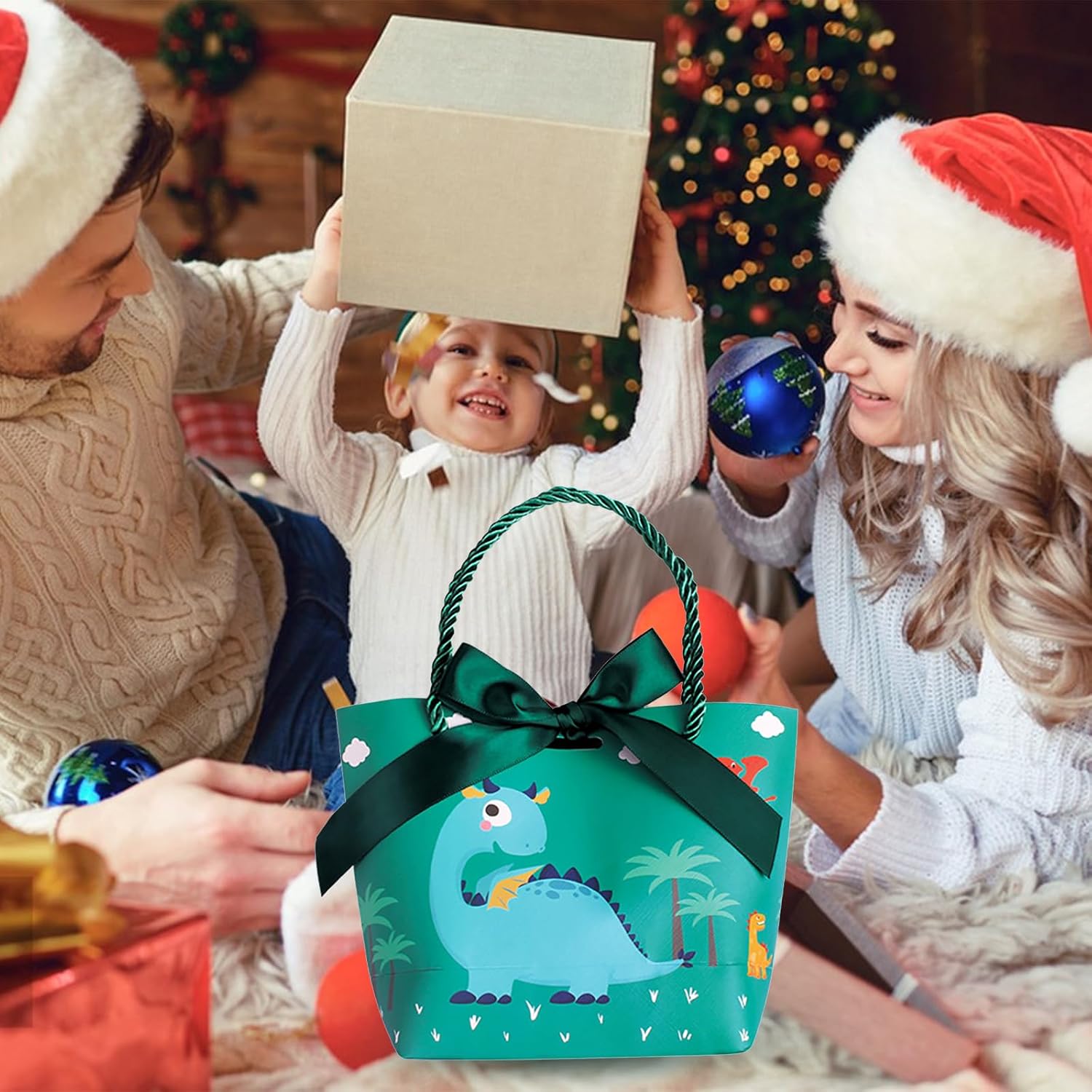 Paquete de 6 bolsas de regalo de dinosaurio con asas y lazo, bolsas de papel de dinosaurio verde para fiestas, suministros de fiesta para