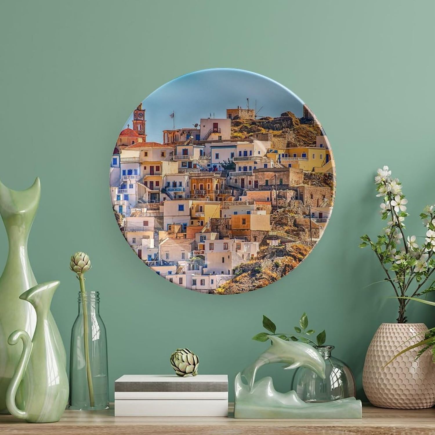 Plato colgante decorativo de paisaje de pueblo de Grecia, decoración del hogar, decoración del hogar, recuerdo, arte de pared, plato de cena de