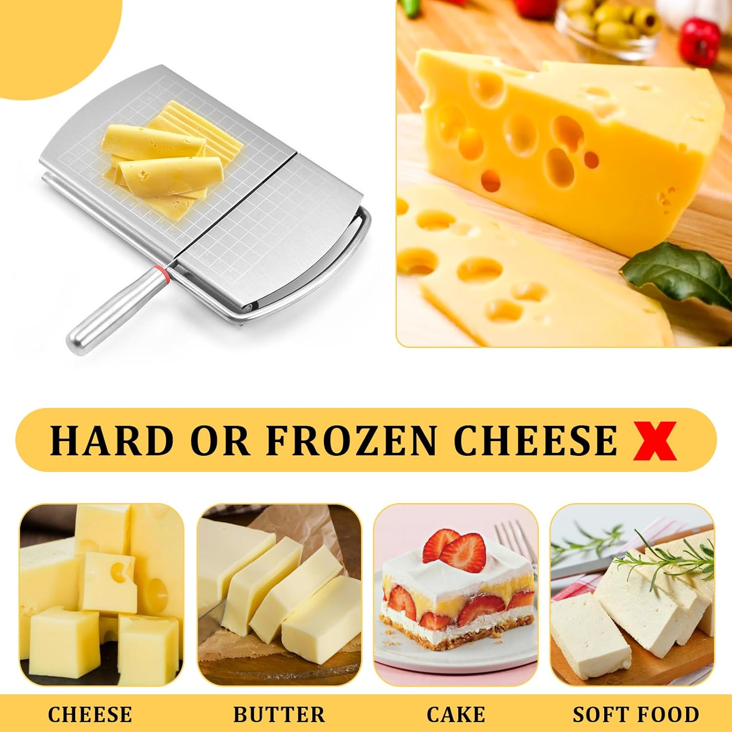 Cortador de queso para bloque de queso, cortador multifuncional de acero inoxidable con cuchilla, tablero cortador de queso con escala de tamaño