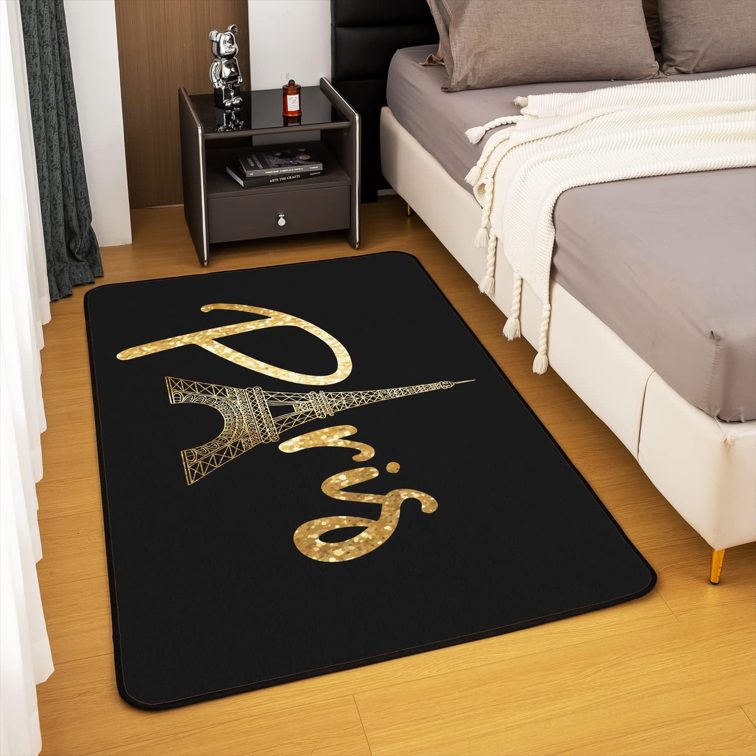 jejeloiu Alfombra de área de la Torre Eiffel, alfombra decorativa de París, diseño de viaje, alfombra de piso negro dorado para interiores, 5 x 7
