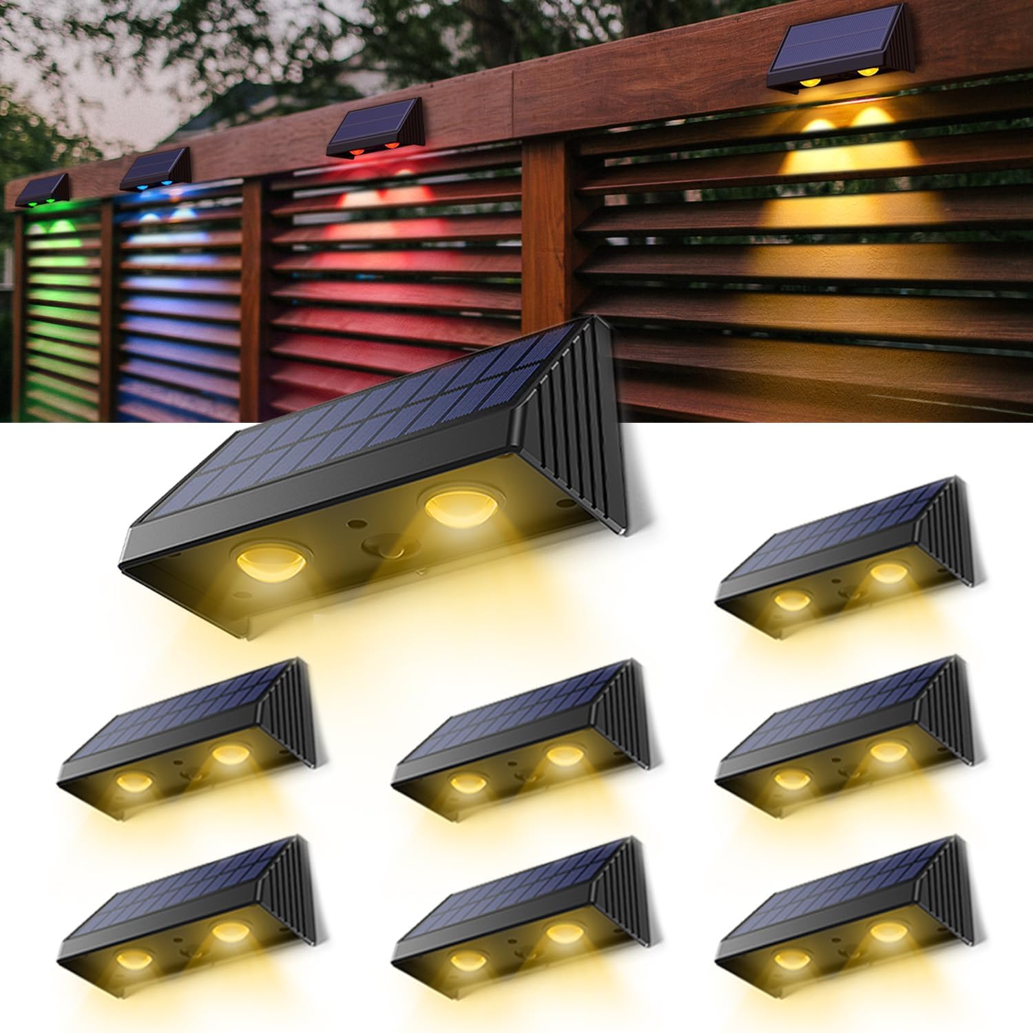 SIEDiNLAR Luces solares para valla al aire libre, 50 lúmenes, 5 modos, luz solar para cubierta, impermeable, decoración de patio trasero para pared,