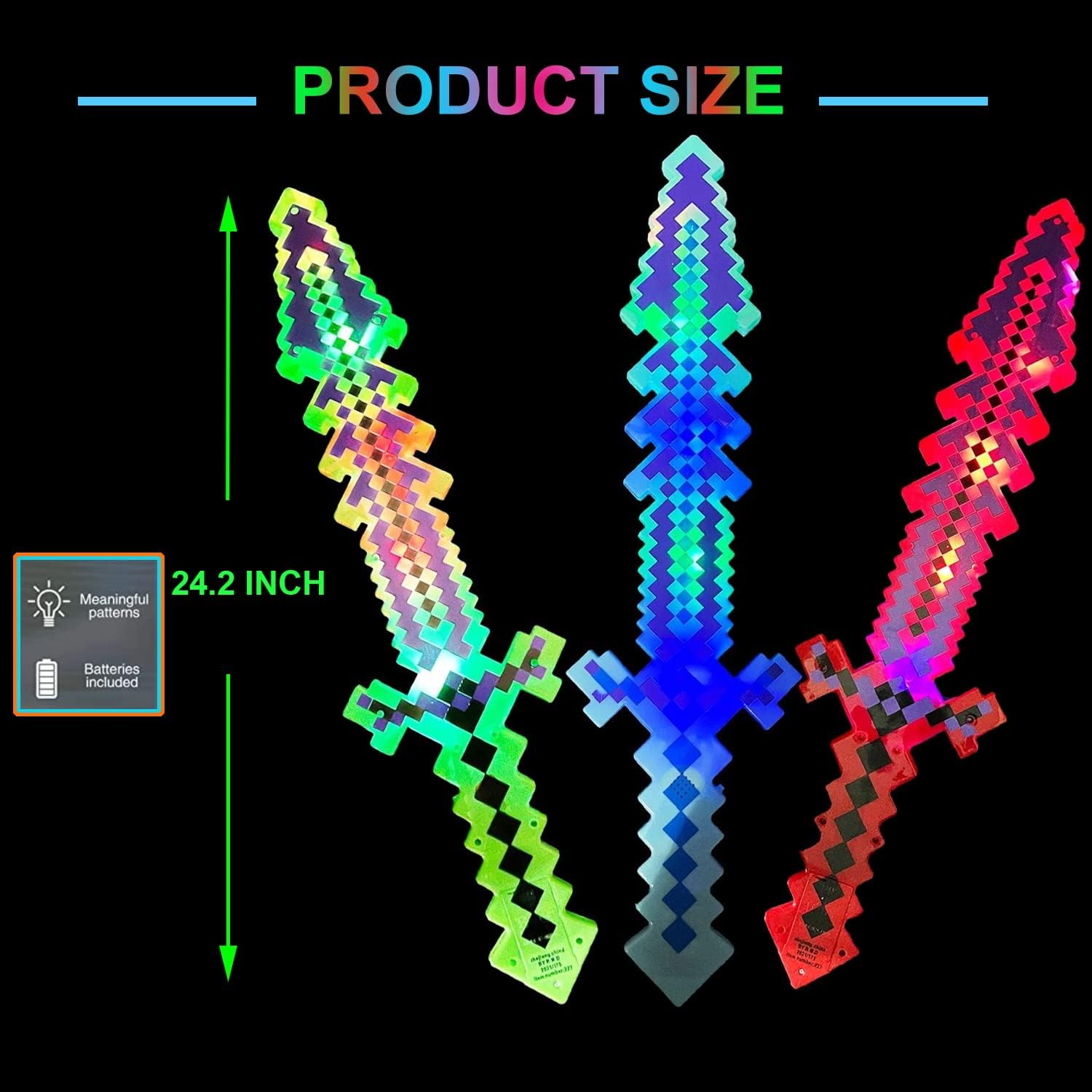 mushroomcase Espada de píxeles de diamante LED de 24 pulgadas con luz LED activada por movimiento y luces intermitentes, suministros de fiesta de