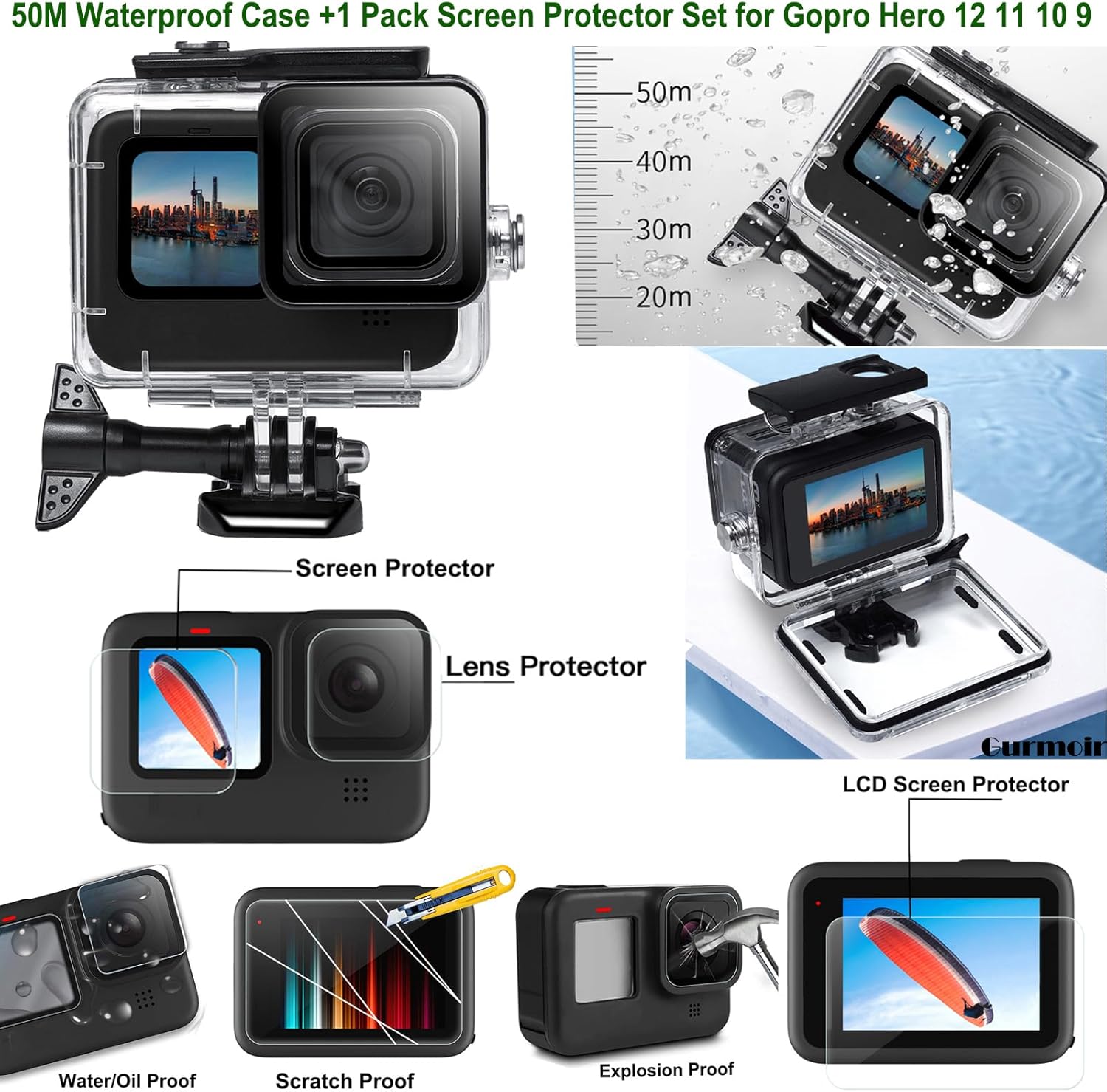 Gurmoir Hero – Kit de accesorios para cámara GoPro Hero 12 11 10 9 negro, 2 baterías de 3 canales, estación de carga impermeable para cámara Go Pro