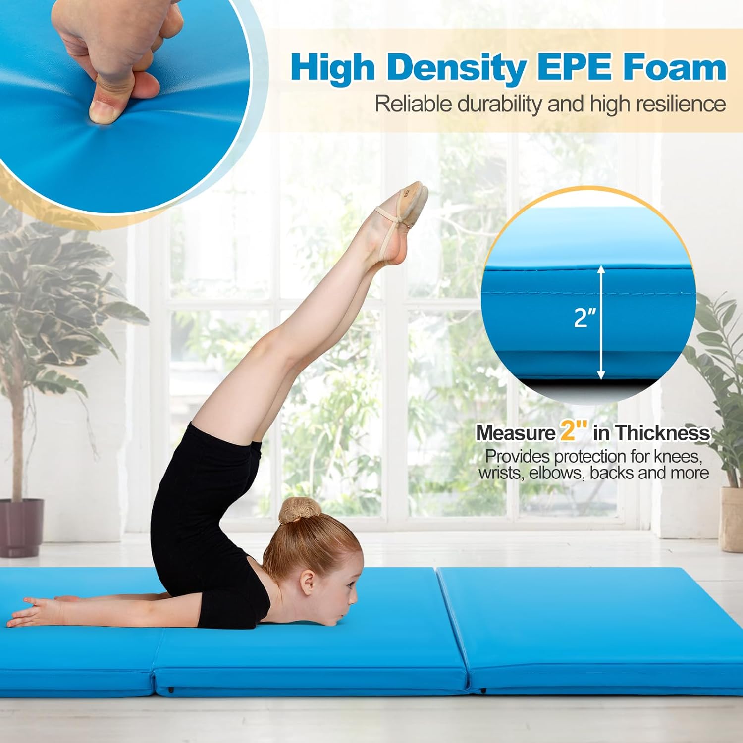 Goplus Esterilla de gimnasia plegable, de 6 x 2 x 2 pulgadas de grosor, de tres pliegues, con asas de transporte, cierre de velcro, esterillas de