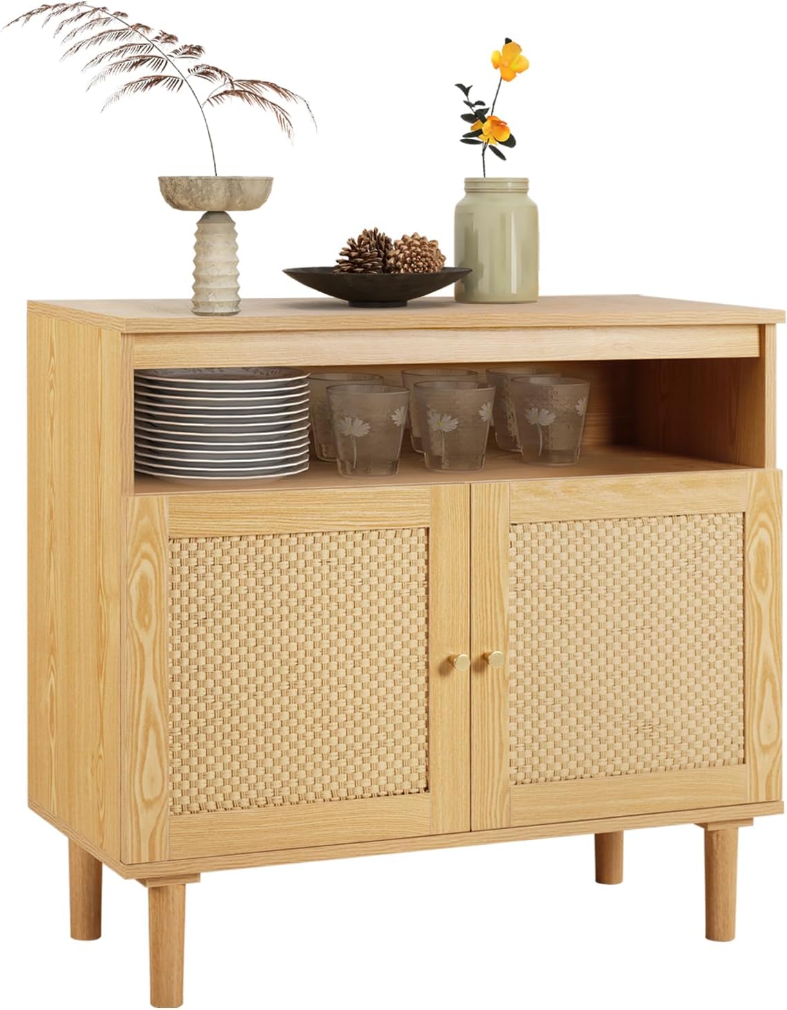 TYBOATLE Armario de buffet moderno con almacenamiento, aparador bohemio con 2 puertas de ratán tejido kraft y estantes ajustables, mesa de consola