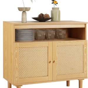 TYBOATLE Armario de buffet moderno con almacenamiento, aparador bohemio con 2 puertas de ratán tejido kraft y estantes ajustables, mesa de consola TYBOATLE Armario de buffet moderno con almacenamiento, aparador bohemio con 2 puertas de ratán tejido kraft y estantes ajustables, mesa de consola