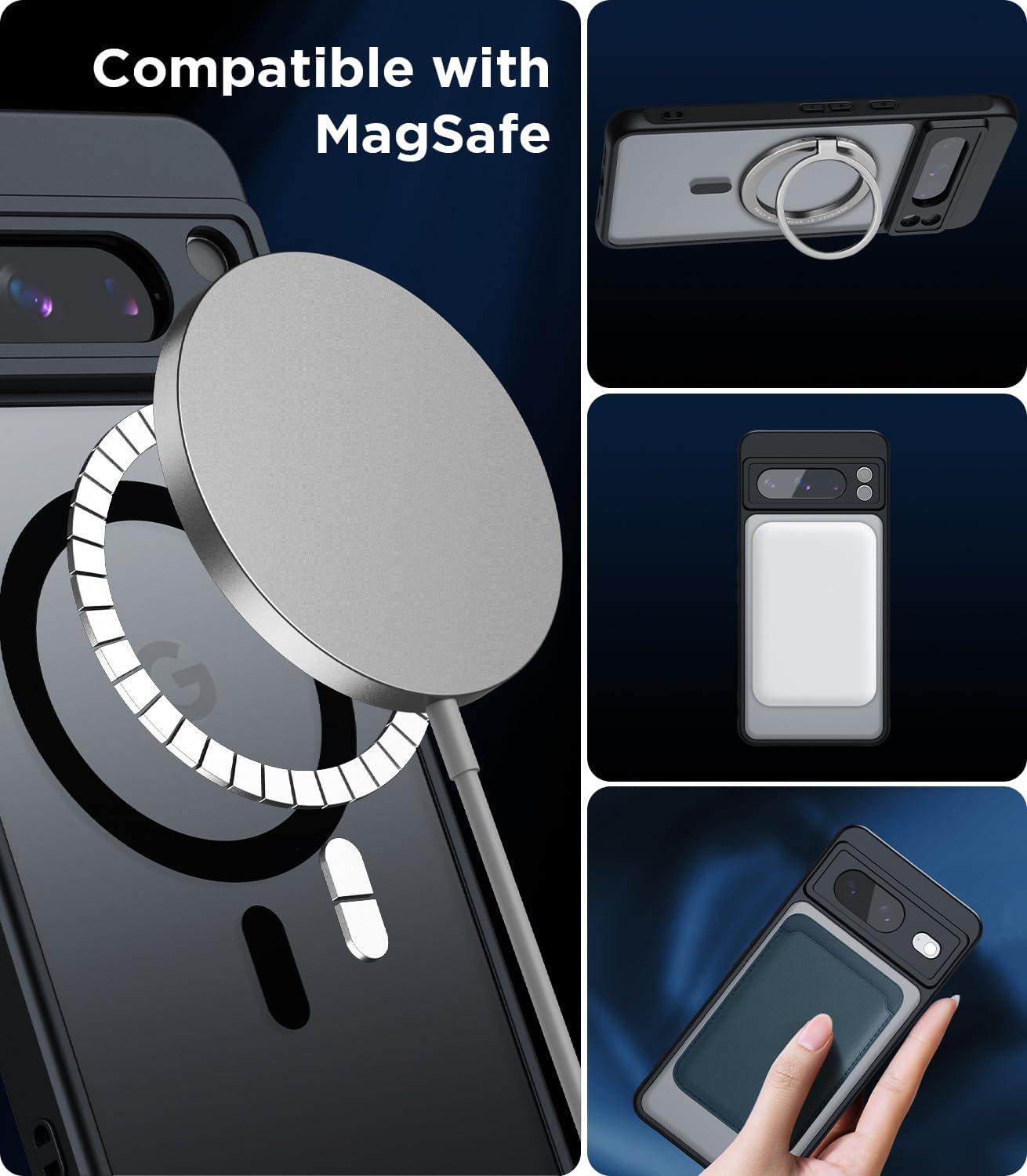 Funda magnética para Google Pixel 8 Pro compatible con MagSafe delgada, translúcida mate, parte trasera dura y parachoques negro suave, cubierta a