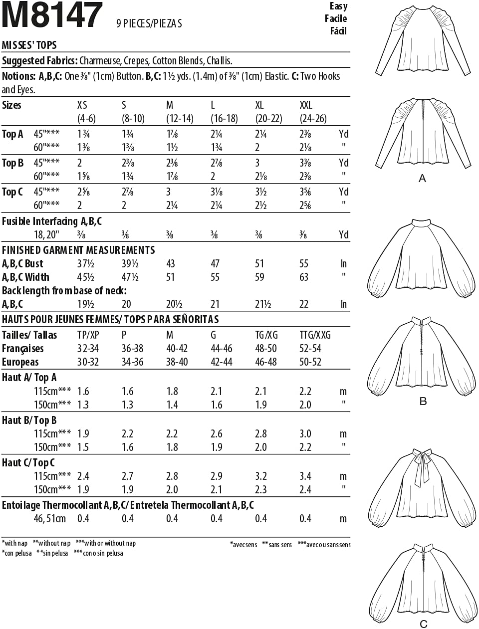 McCall’s M8147ZZP – Kit de patrones de costura para blusa de manga raglán para señoritas, código de diseño M8147, tallas L-XXL