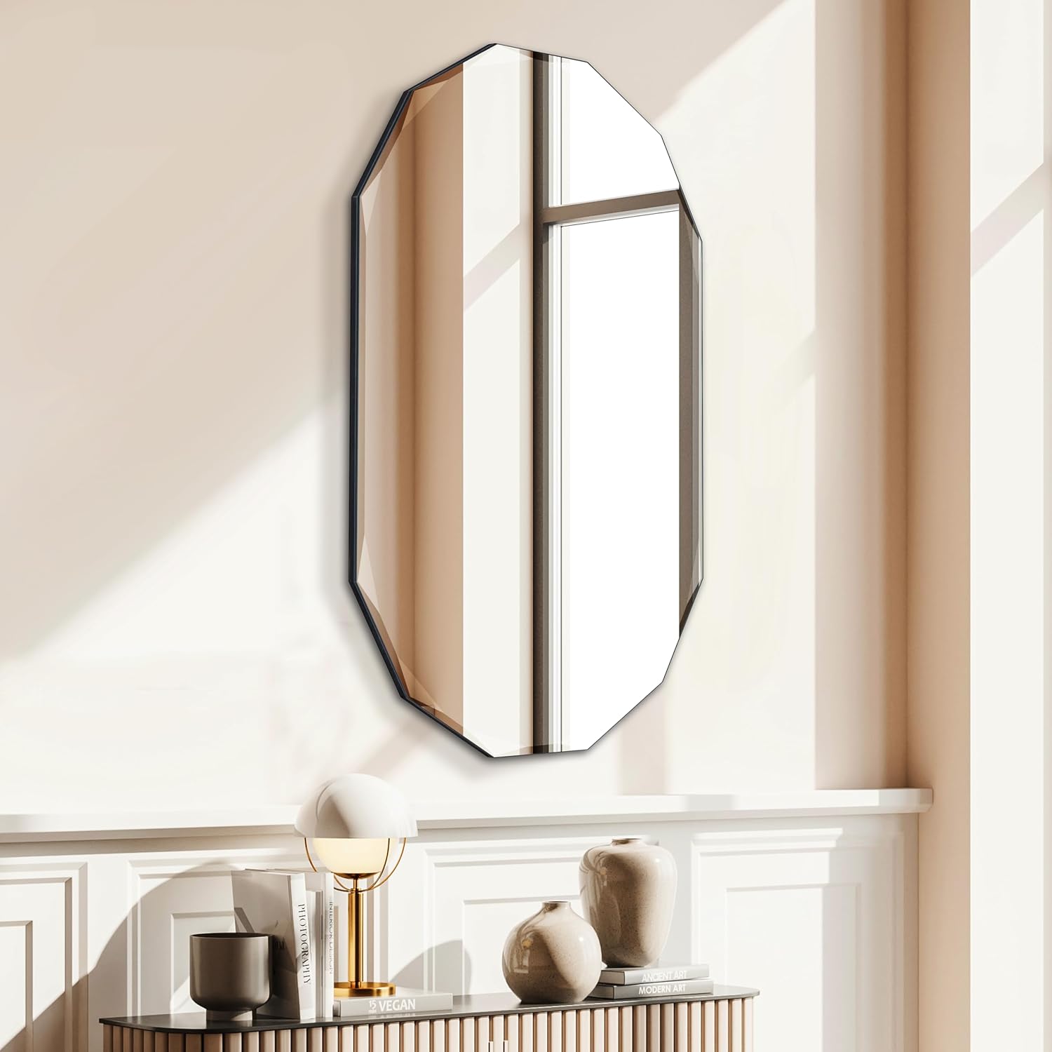 Muzilife Espejo de pared ovalado biselado de 24 x 36 pulgadas, espejo festoneado sin marco, espejo de cápsula grande con tablero de MDF para baño,