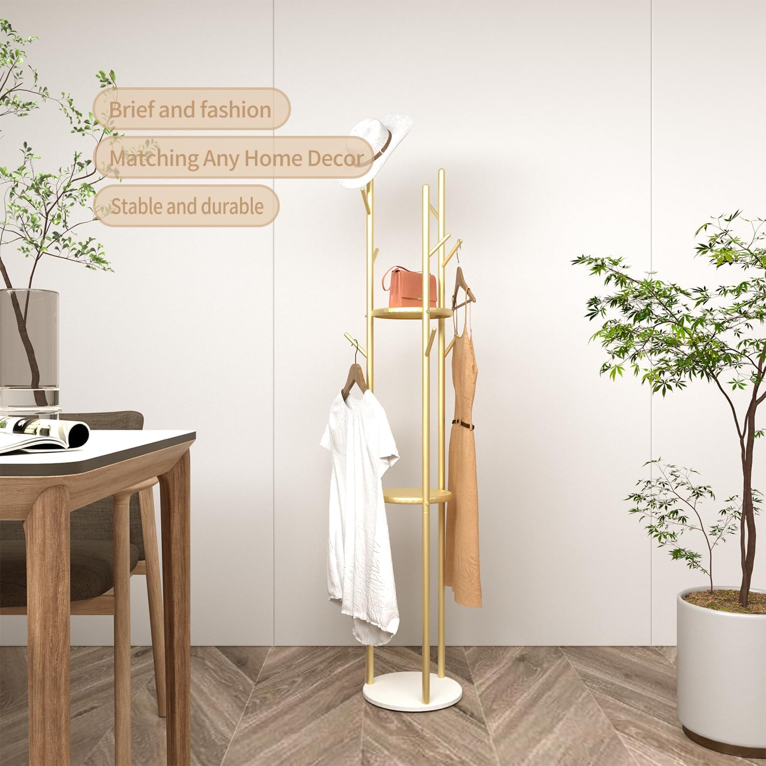 Moderno perchero y ropa  9 ganchos y 3 estantes  resistente y elegante, soporta hasta 220 libras, ahorra espacio y es duradero con diseño elegante